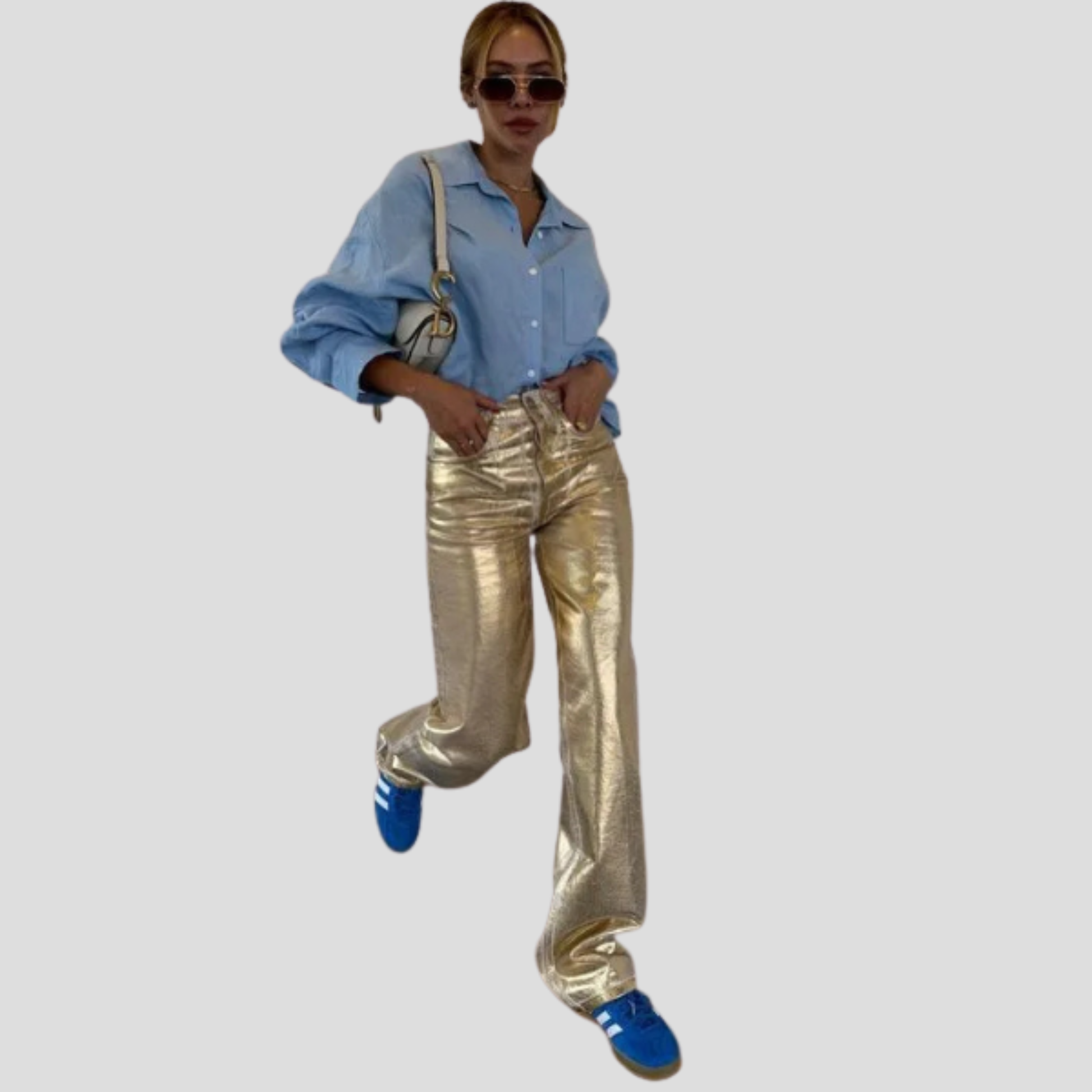 High-rise straight-leg metallic gold pants for evening wear