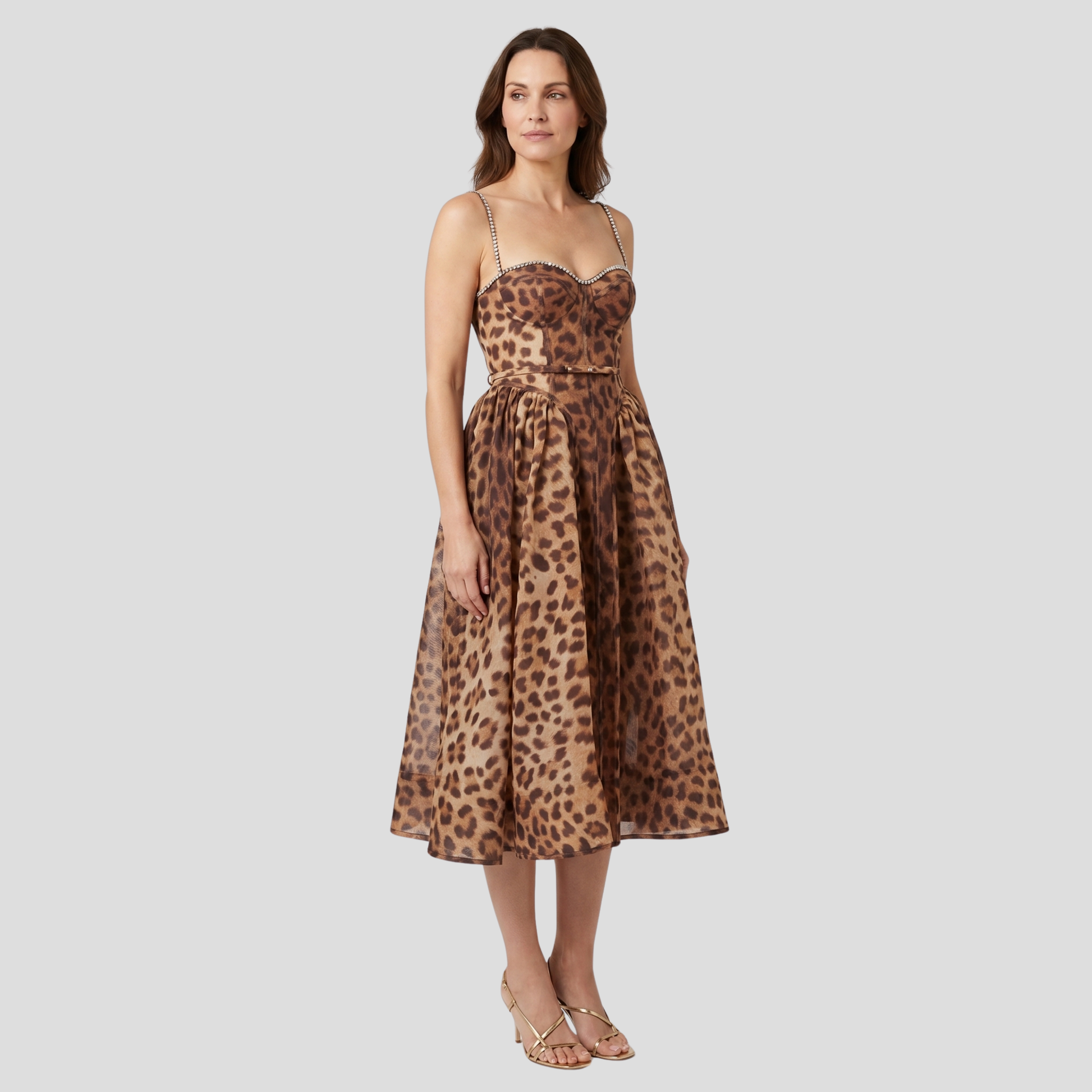 Women's brown leopard-print midi dress with a corset-style bodice and fitted silhouette