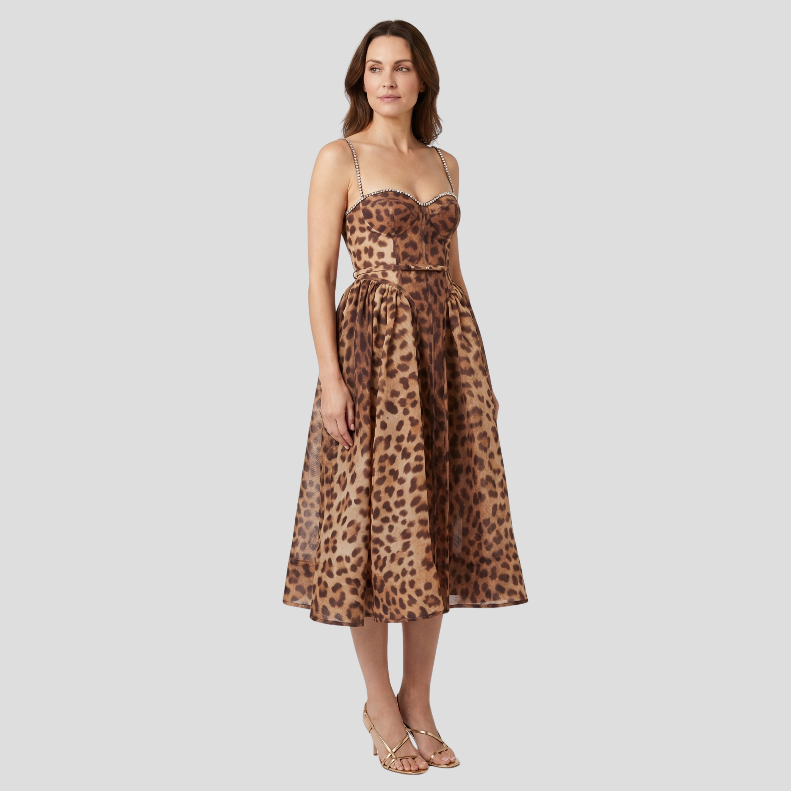 Women's brown leopard-print midi dress with a corset-style bodice and fitted silhouette
