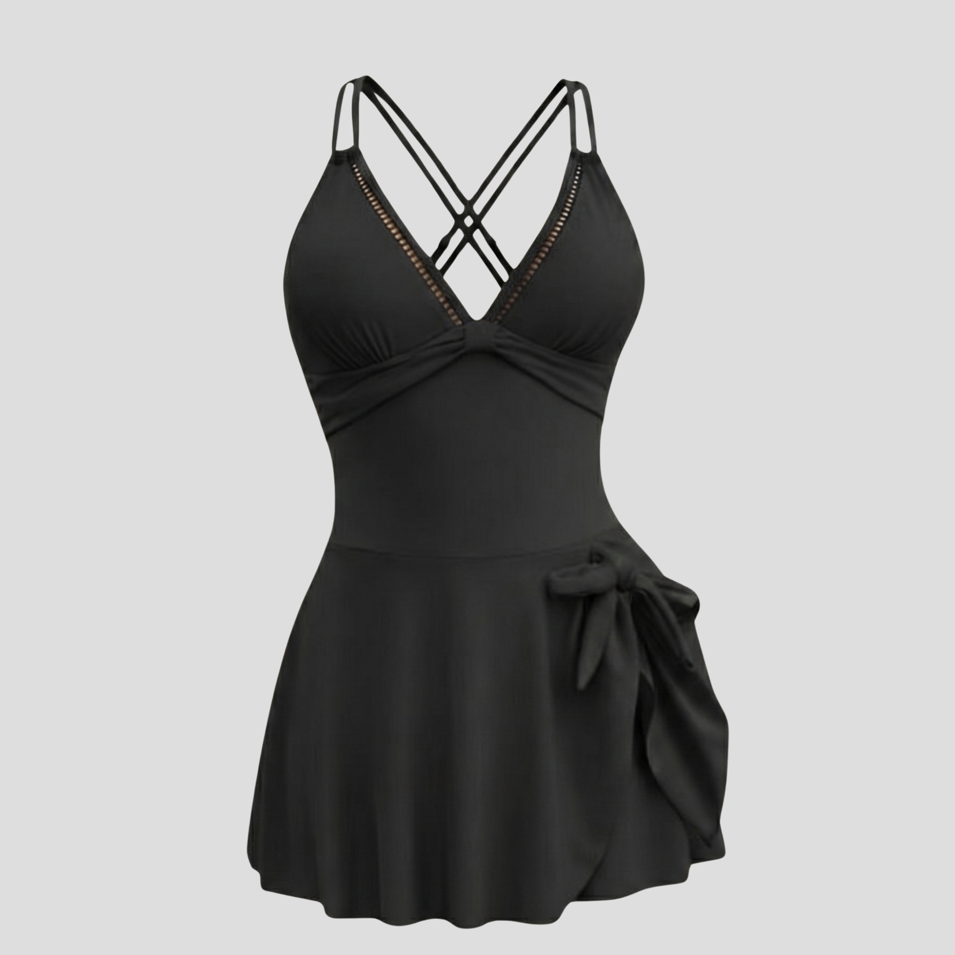 Women's V-neck one-piece swim dress with side-tie skirt and cross-back straps