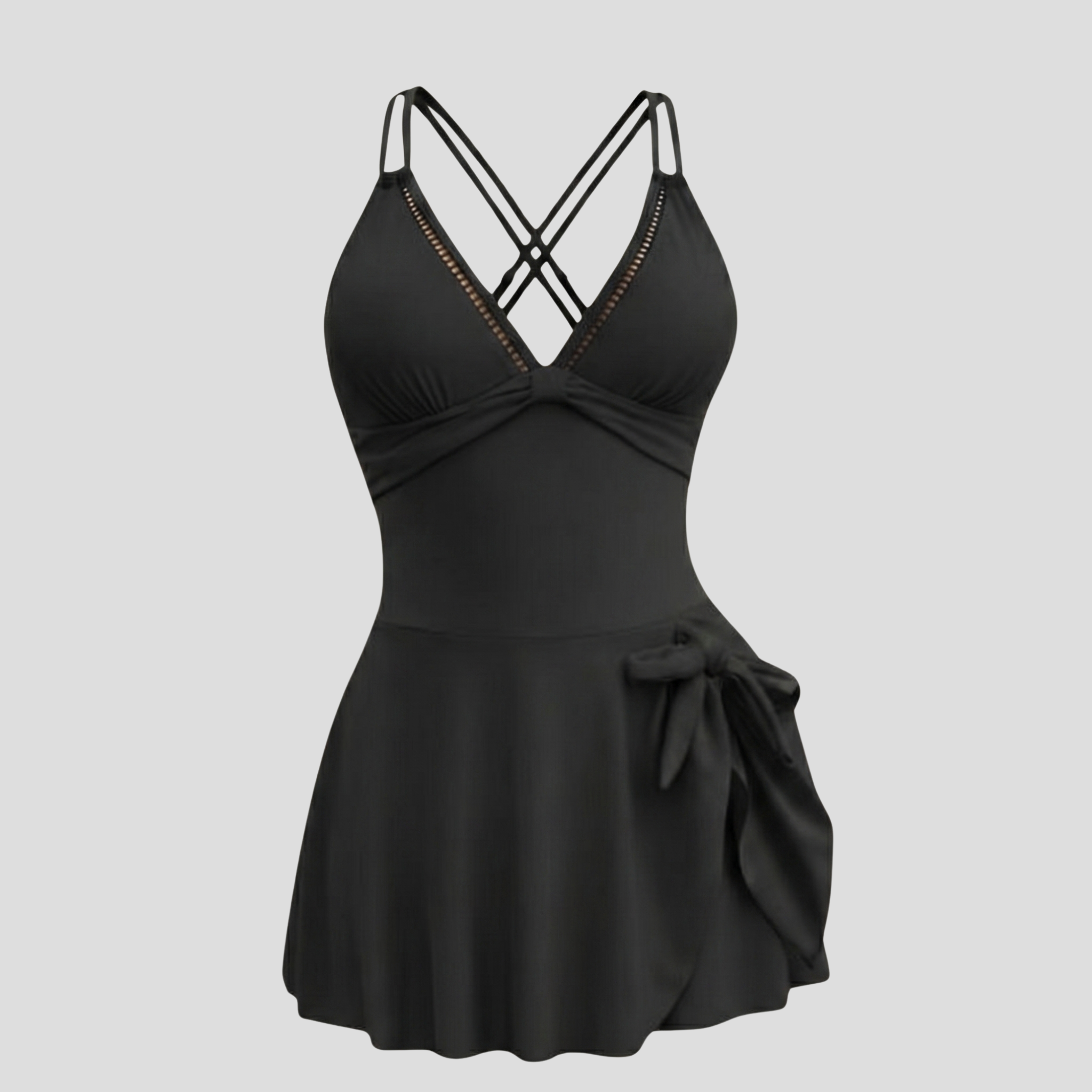 Women's V-neck one-piece swim dress with side-tie skirt and cross-back straps