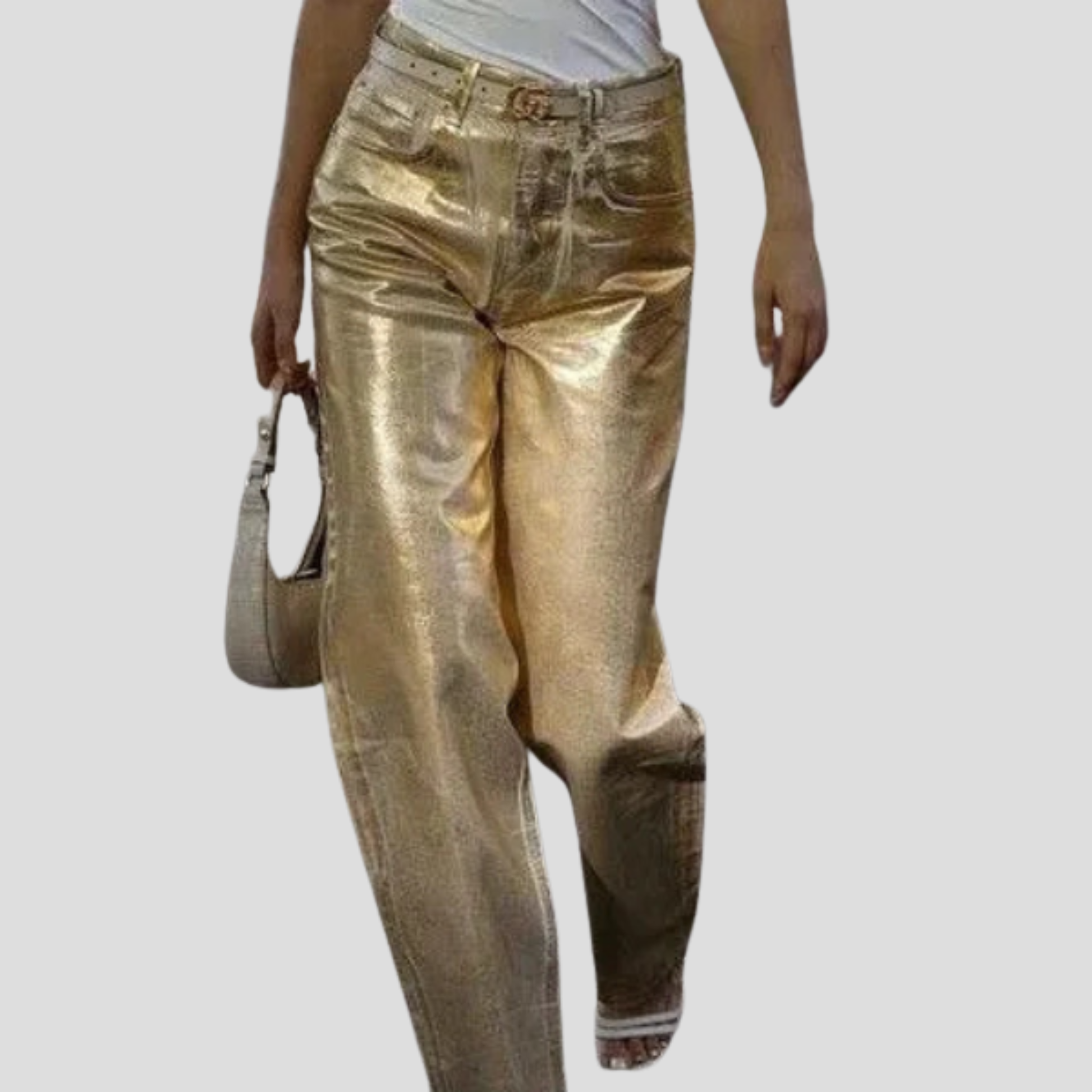 High-rise straight-leg metallic gold pants for evening wear