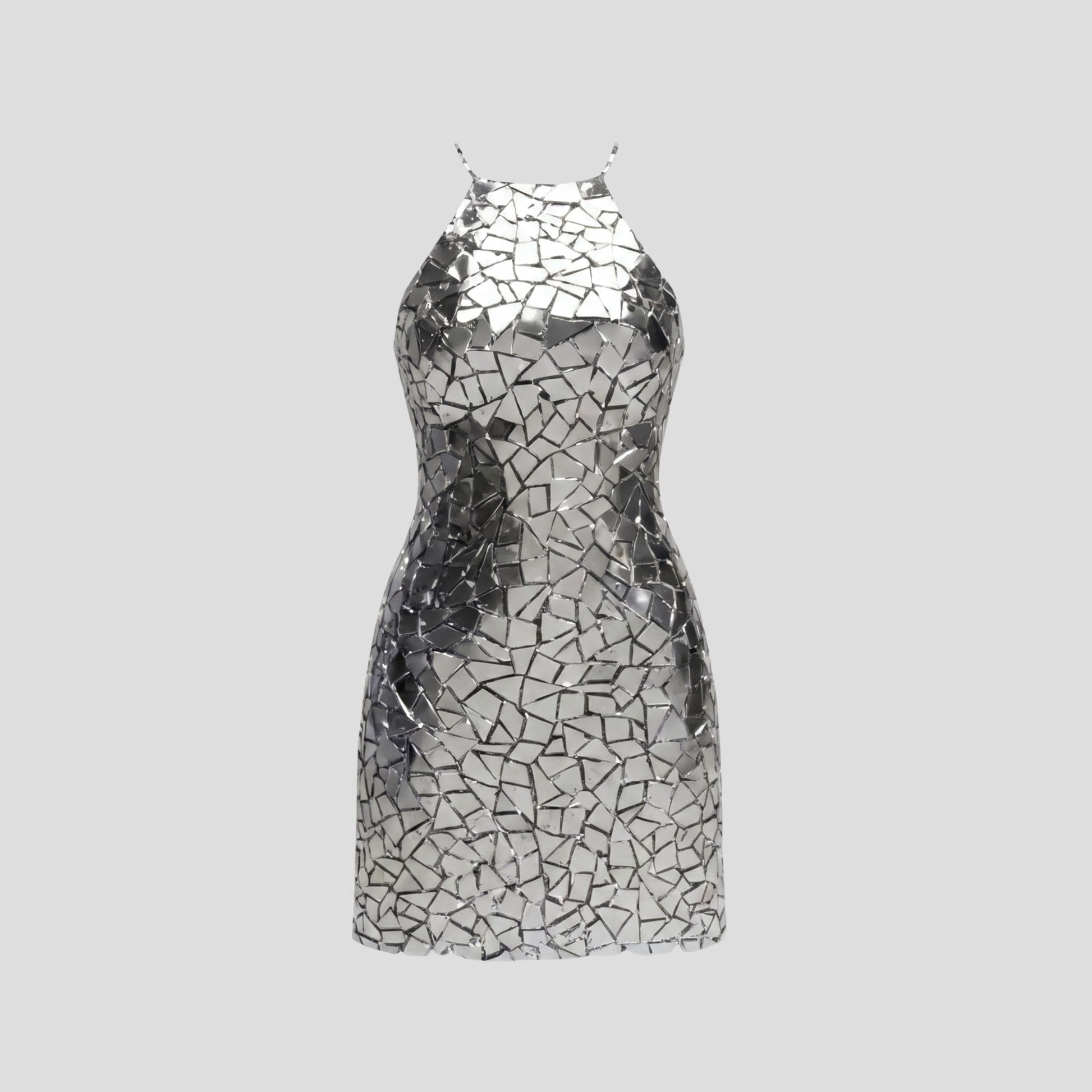 Women's halter neckline mini dress with all-over mosaic pattern in gold and silver tones
