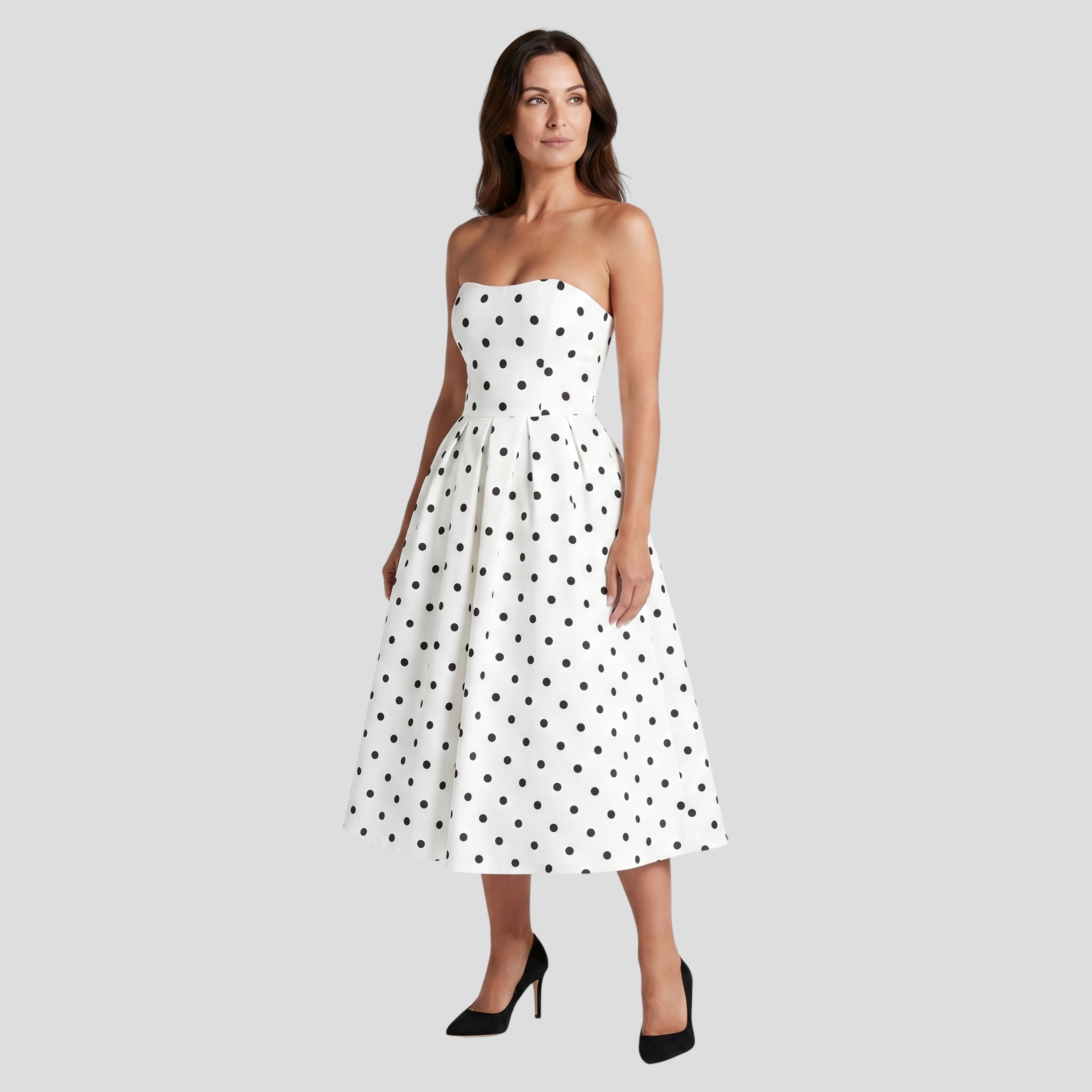 White strapless polka-dot midi dress with pleated A-line skirt