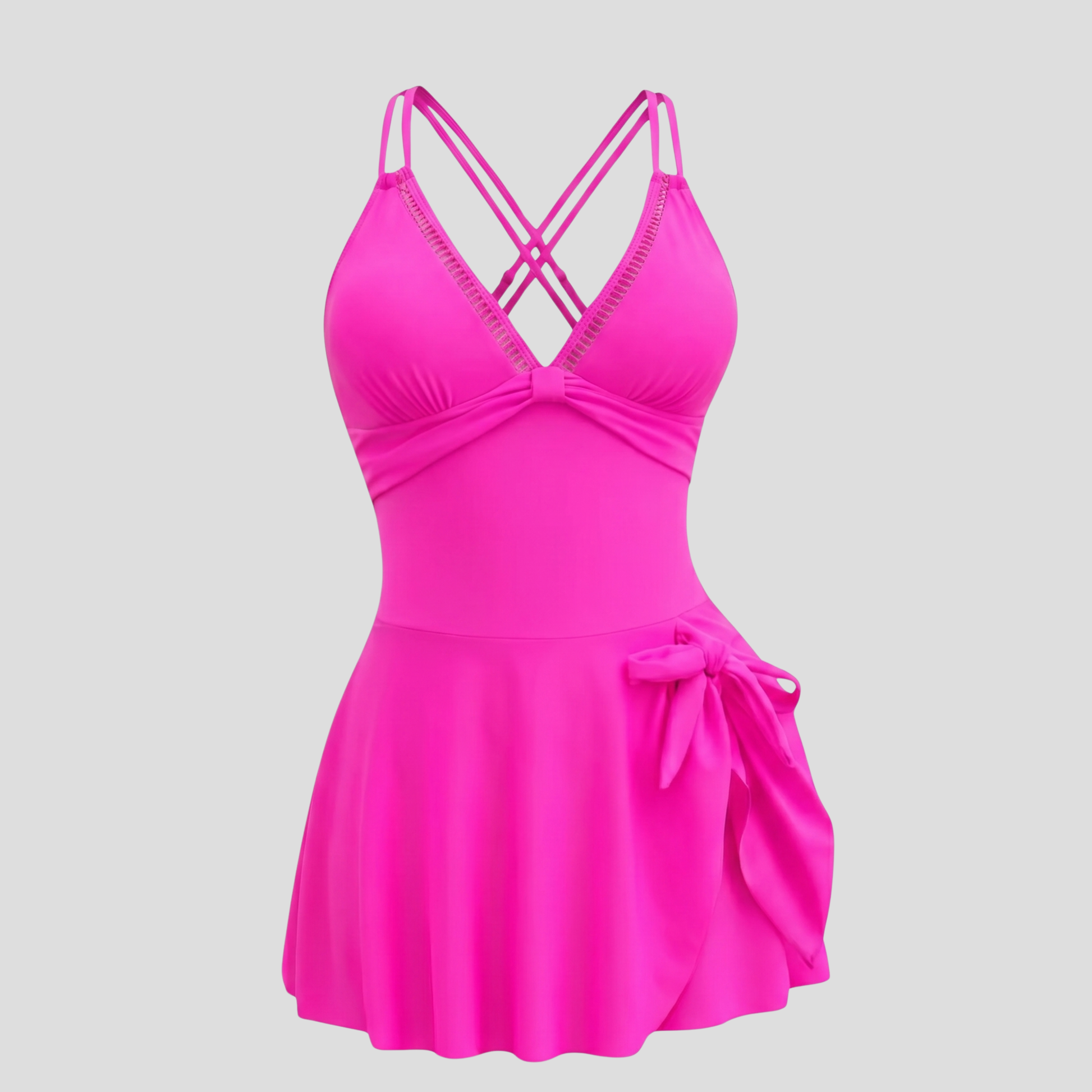 Women's V-neck one-piece swim dress with side-tie skirt and cross-back straps