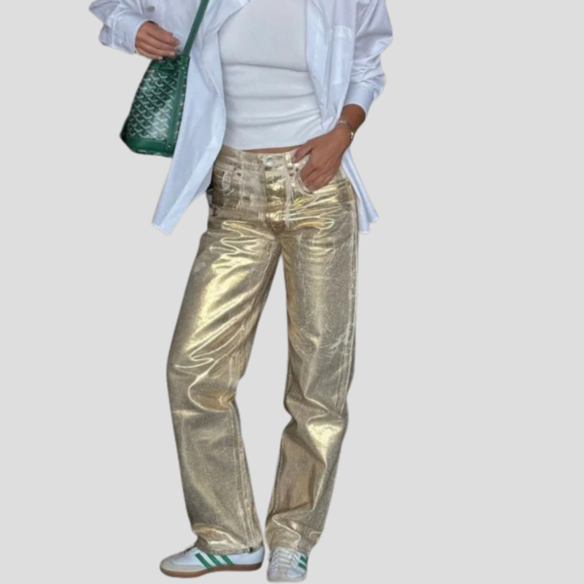 High-rise straight-leg metallic gold pants for evening wear