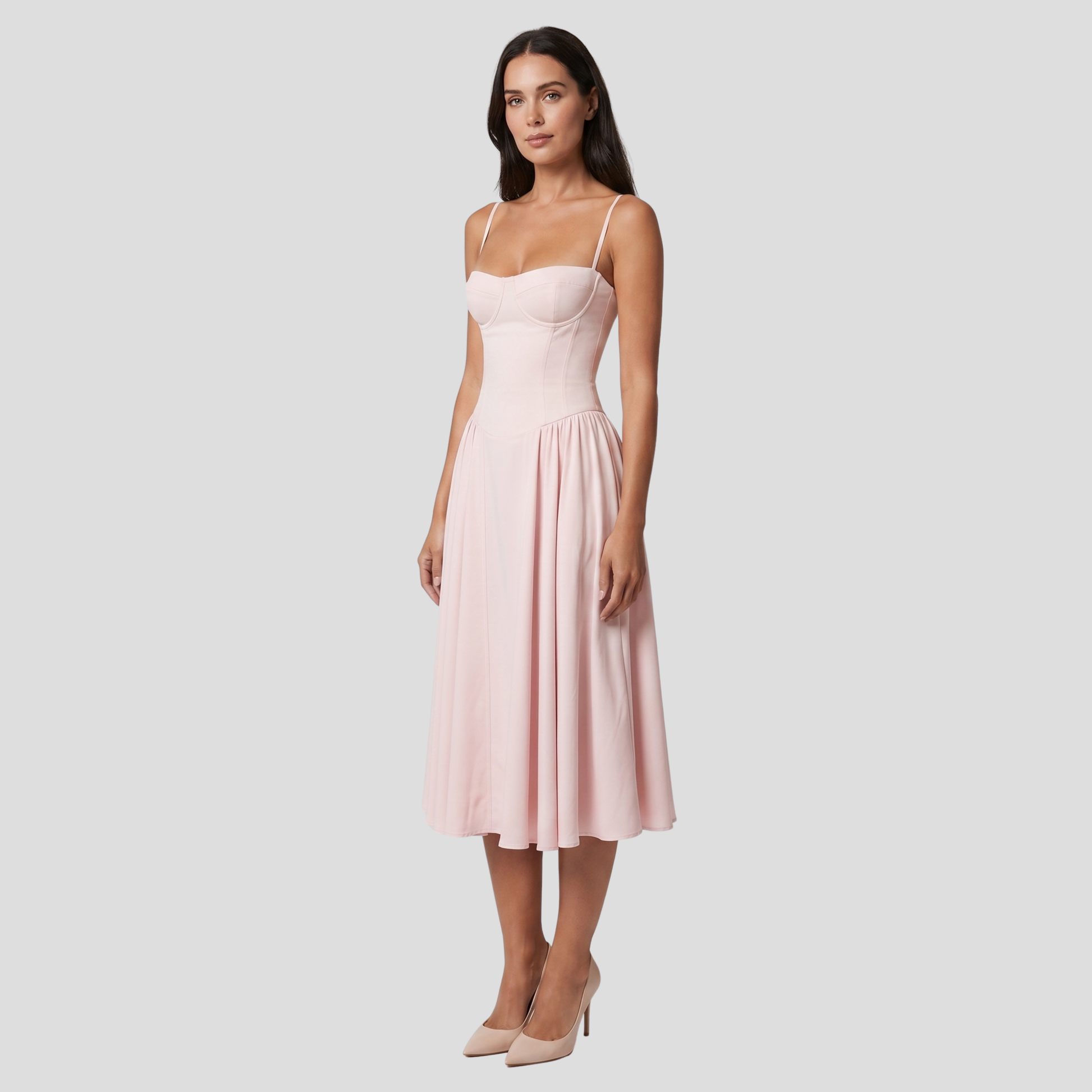 Women's midi dress with bustier bodice and pleated skirt in several color options