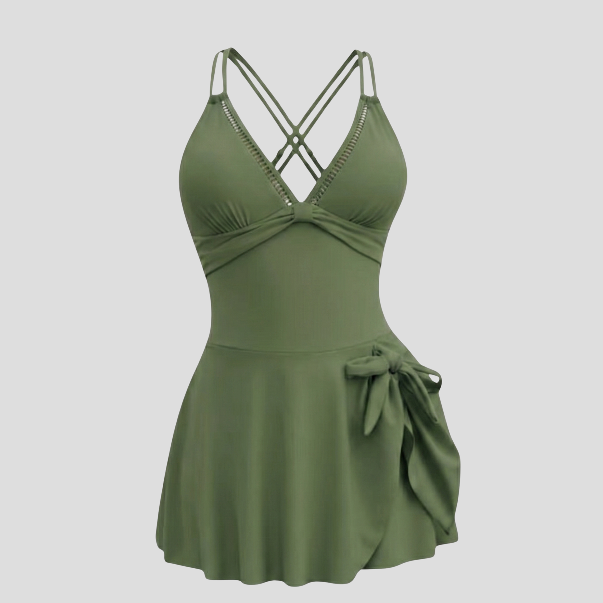Women's V-neck one-piece swim dress with side-tie skirt and cross-back straps