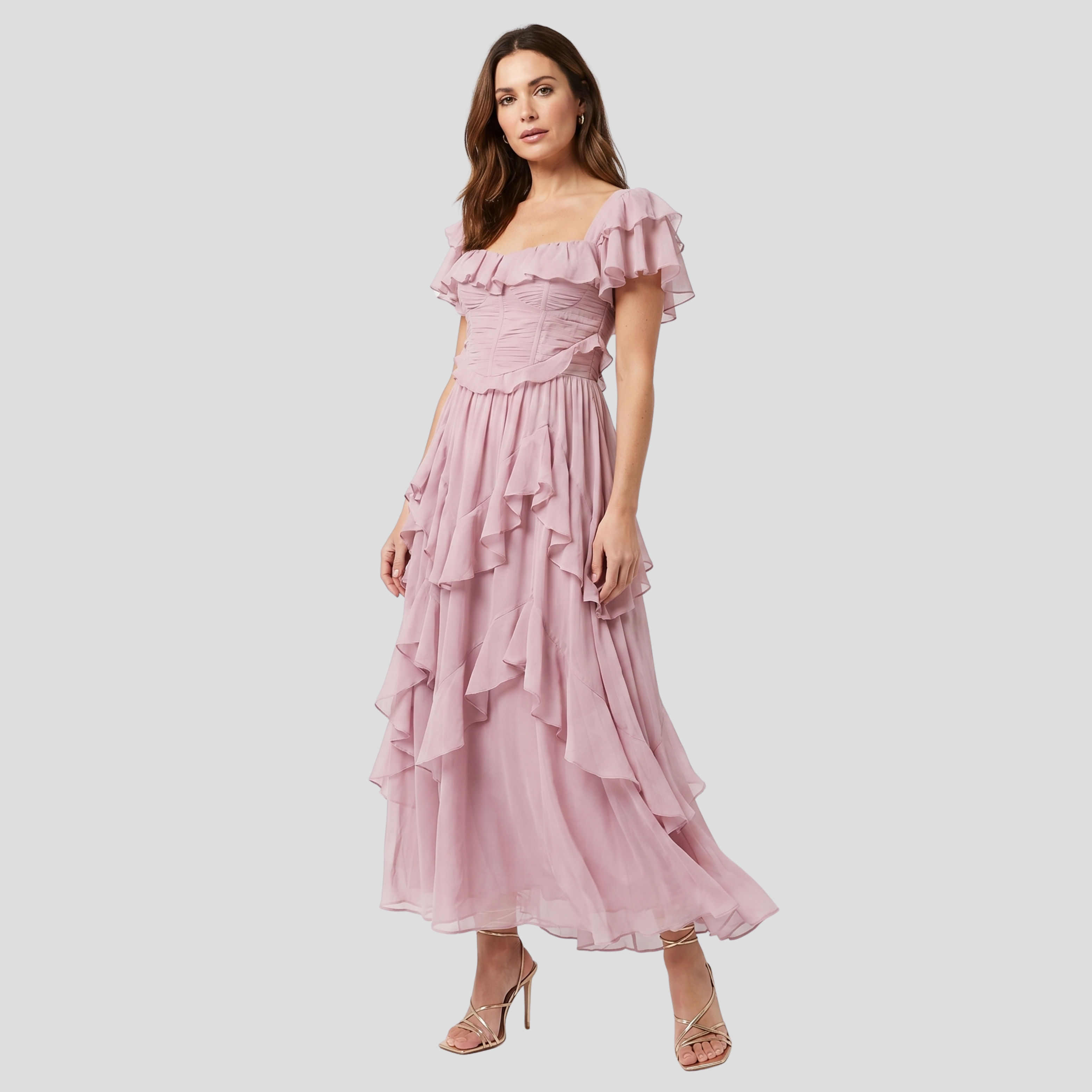 Women's pink two-piece set with corset-style ruffle top and tiered midi skirt