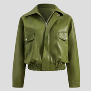 Green women's cropped bomber jacket with structured silhouette and ribbed hem