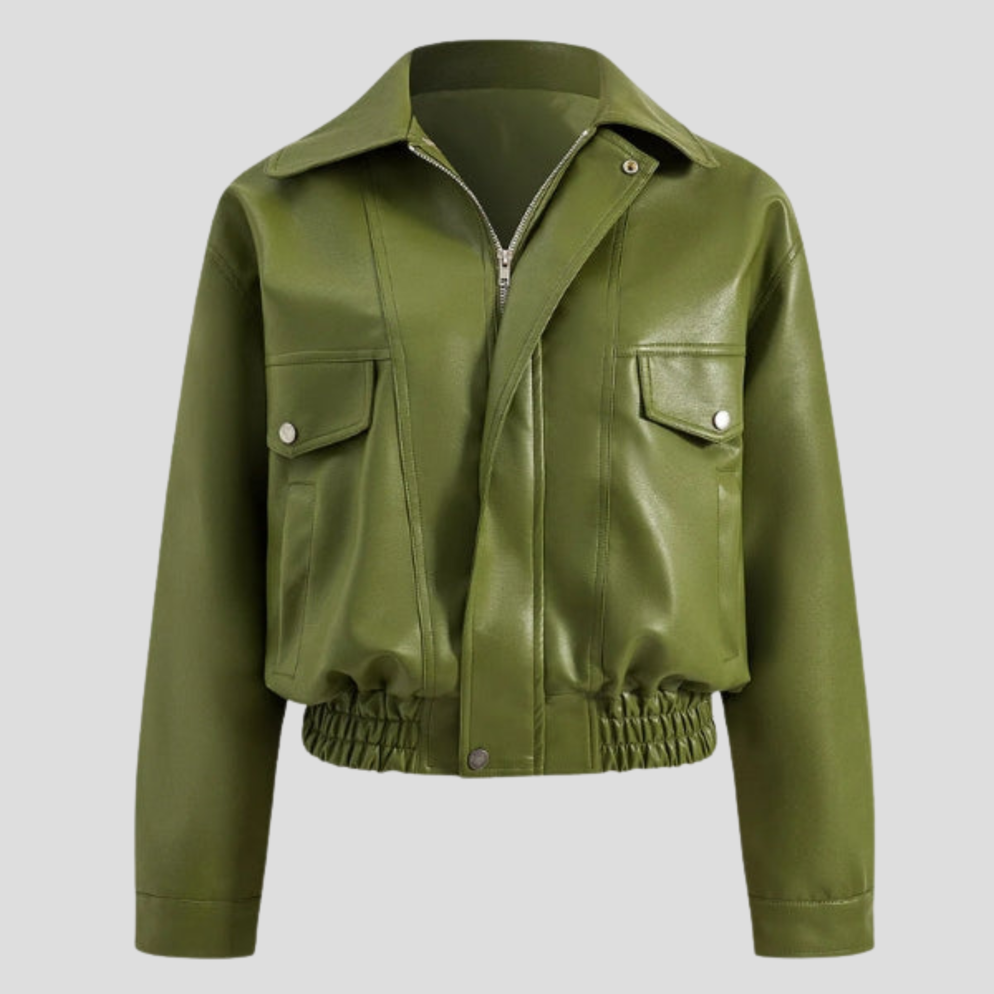 Green women's cropped bomber jacket with structured silhouette and ribbed hem
