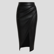 Women's wrap midi skirt with high slit, shown in black, brown and beige