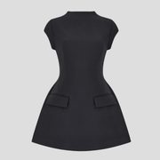 Women's high-neck mini dress with cinched waist in black and white for evening wear
