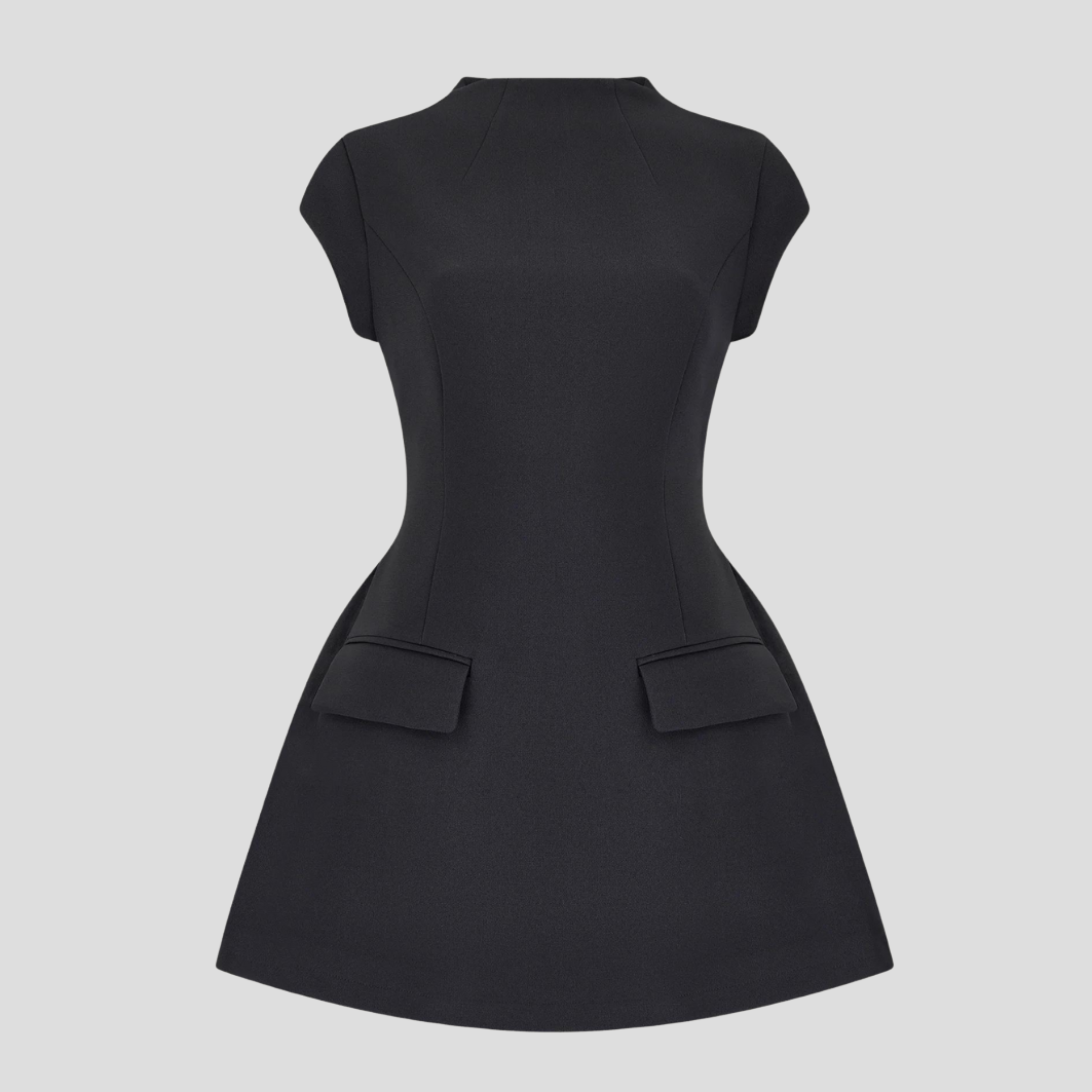 Women's high-neck mini dress with cinched waist in black and white for evening wear