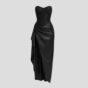 Strapless maxi evening gown with beaded bodice and high-slit skirt in black and white