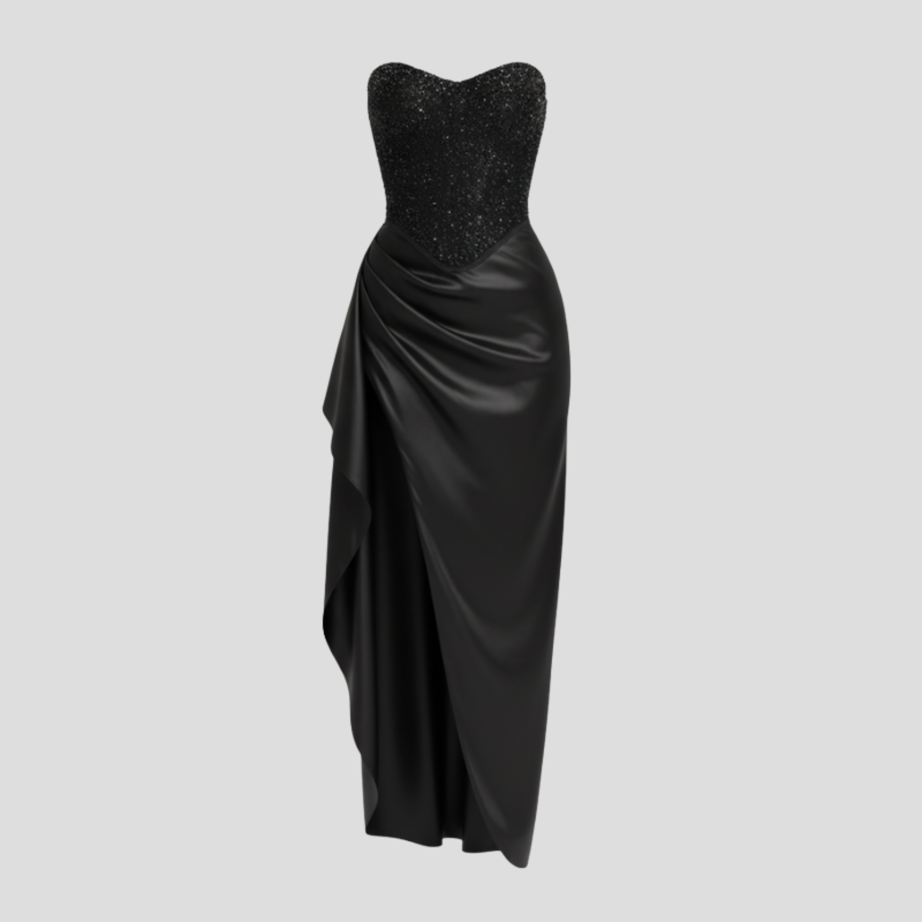 Strapless maxi evening gown with beaded bodice and high-slit skirt in black and white