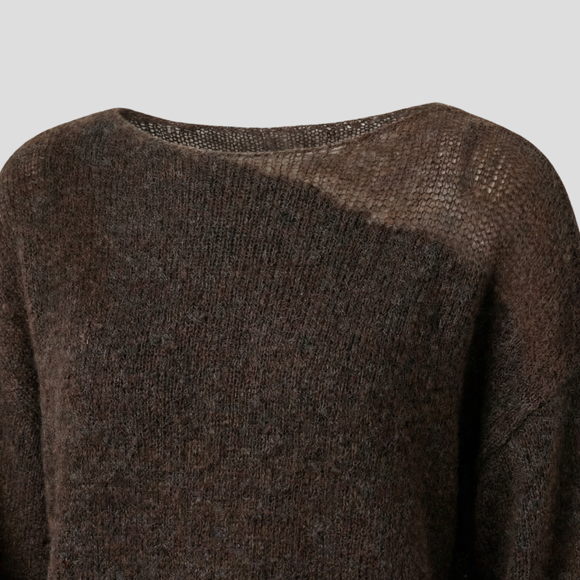 Brown women's boat neck sweater with relaxed draped silhouette and long sleeves