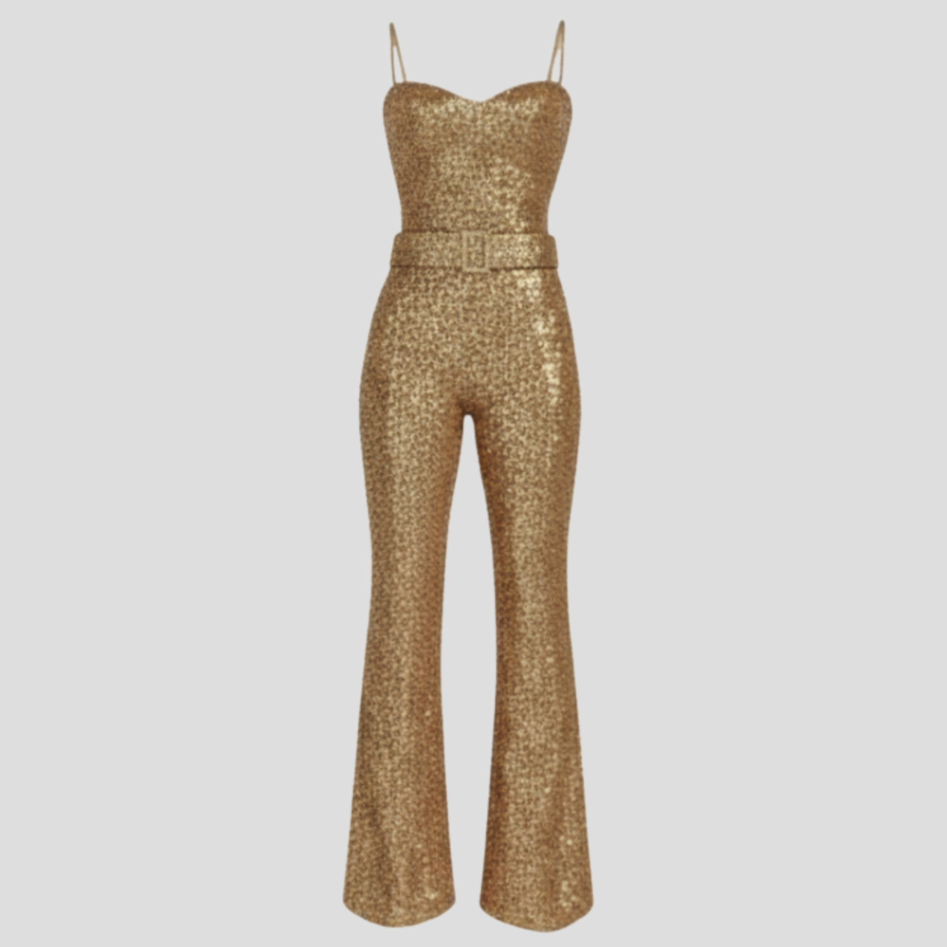 Women's strapless gold jumpsuit with a belted waist