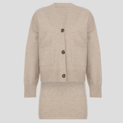 Beige women's two-piece set with V-neck cardigan and coordinated mini skirt