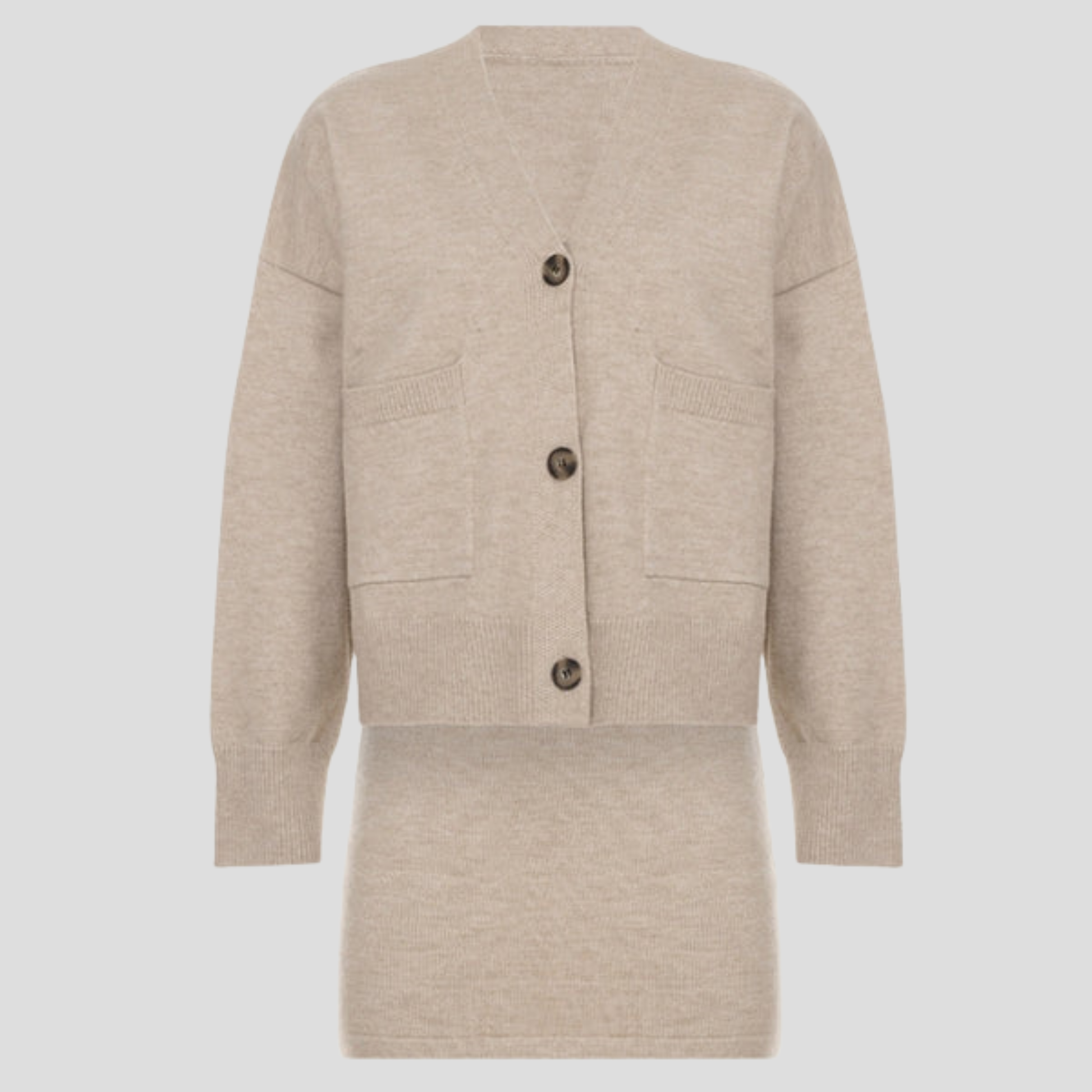 Beige women's two-piece set with V-neck cardigan and coordinated mini skirt