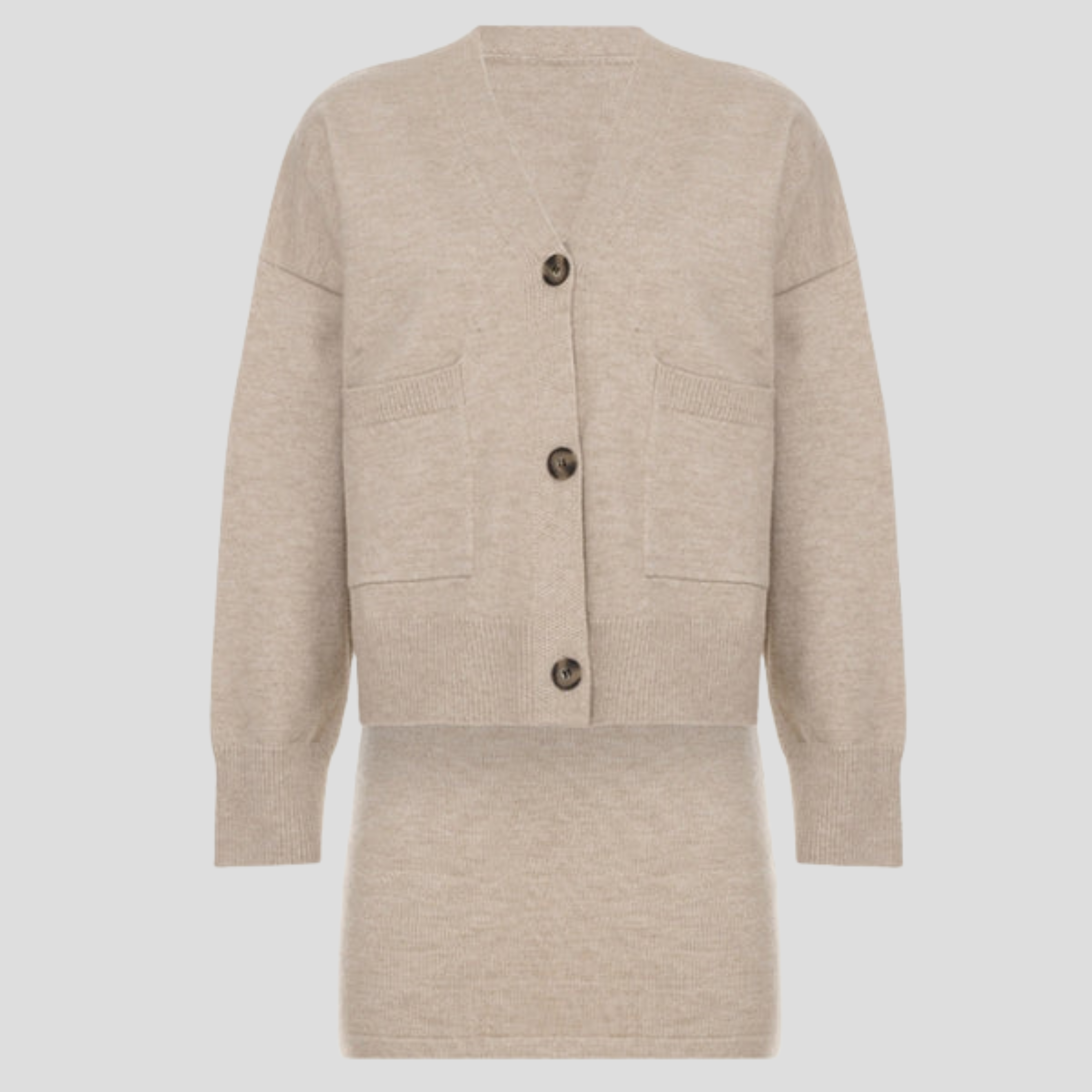 Beige women's two-piece set with V-neck cardigan and coordinated mini skirt