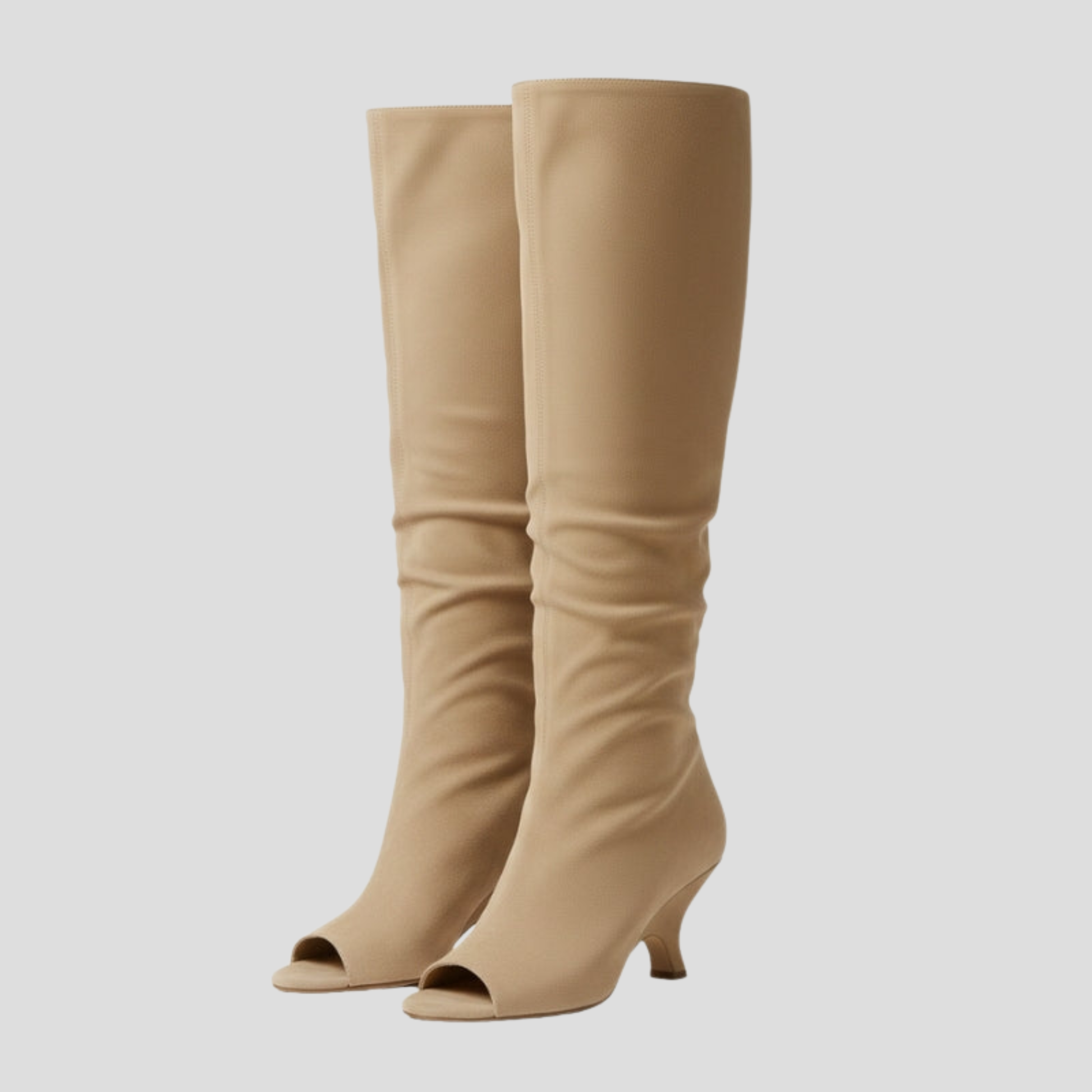 Women's open-toe knee-high boots with a clean vertical structure, shown in a neutral tone