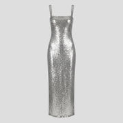 Silver floor-length maxi dress with square neckline and fitted silhouette for evening wear