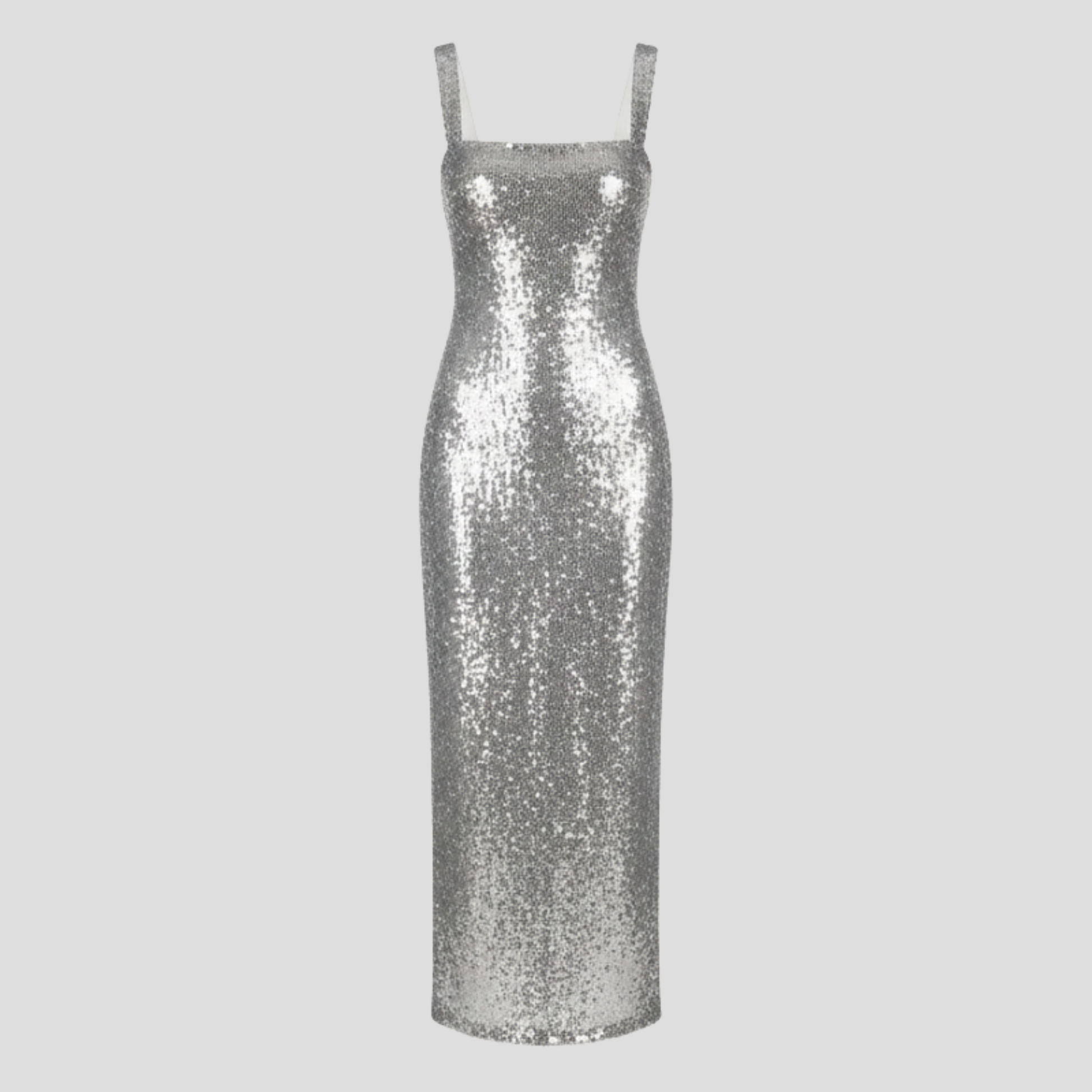 Silver floor-length maxi dress with square neckline and fitted silhouette for evening wear
