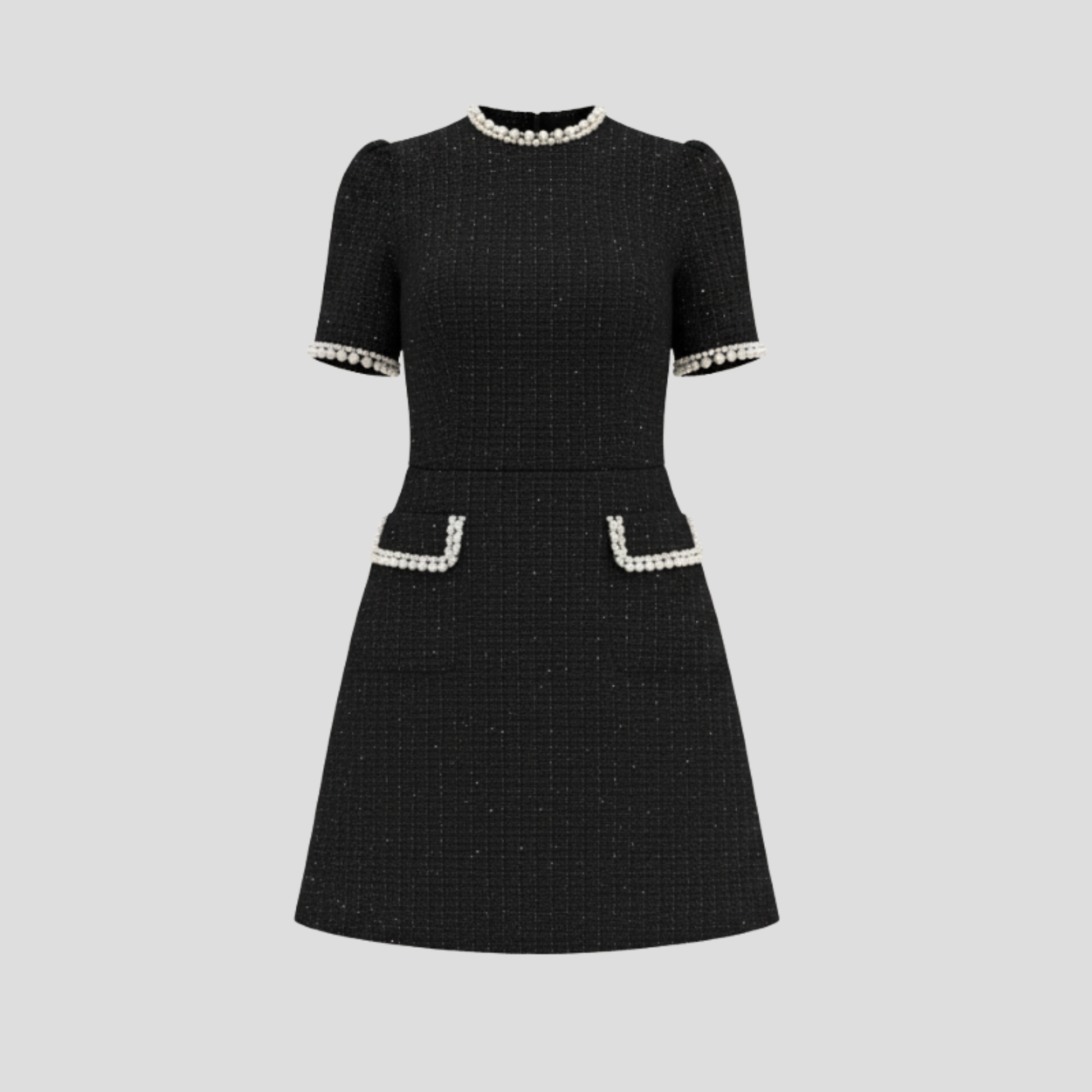 Structured mock neck mini dress with pearl-trim detailing in black and white