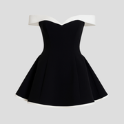 Off-shoulder mini dress with sweetheart neckline and flared hem in black and red