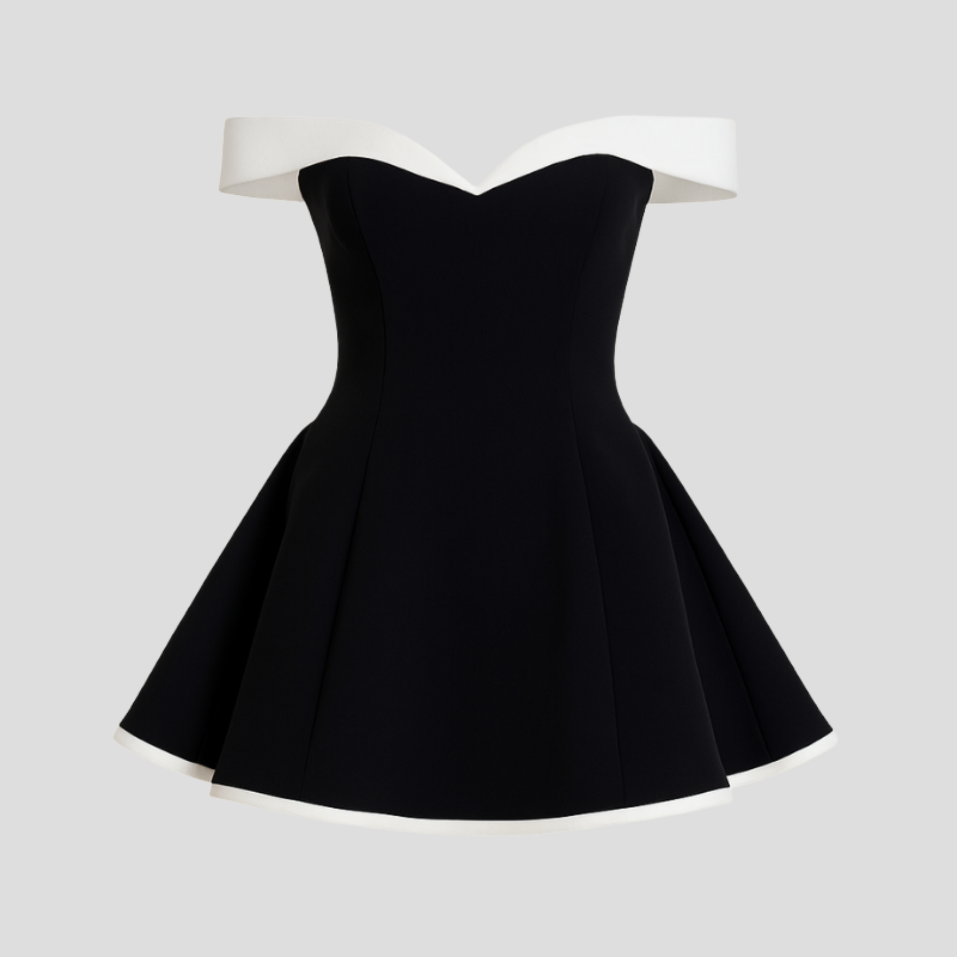 Off-shoulder mini dress with sweetheart neckline and flared hem in black and red
