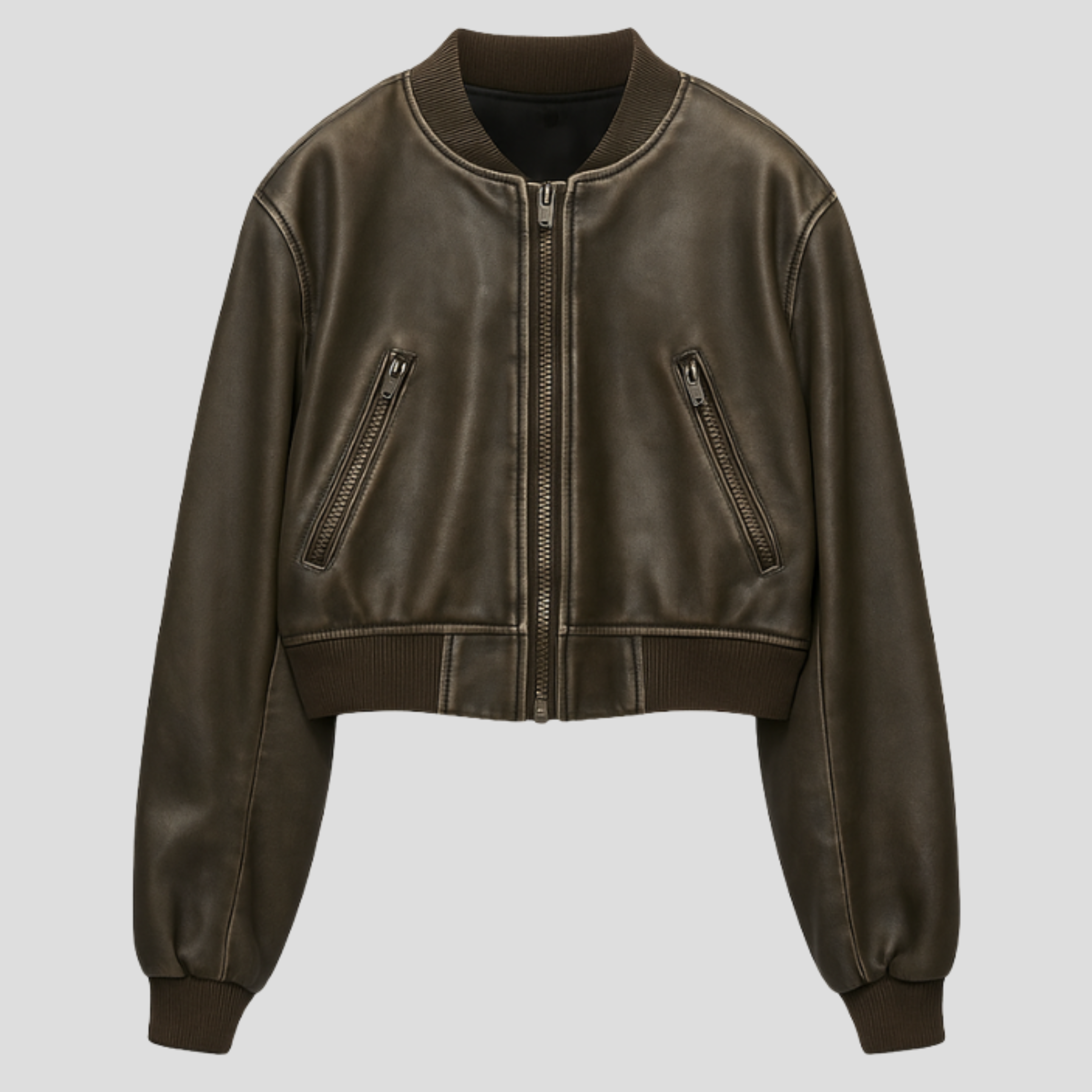 Brown women's jacket with ribbed cuffs and hem and a streamlined silhouette