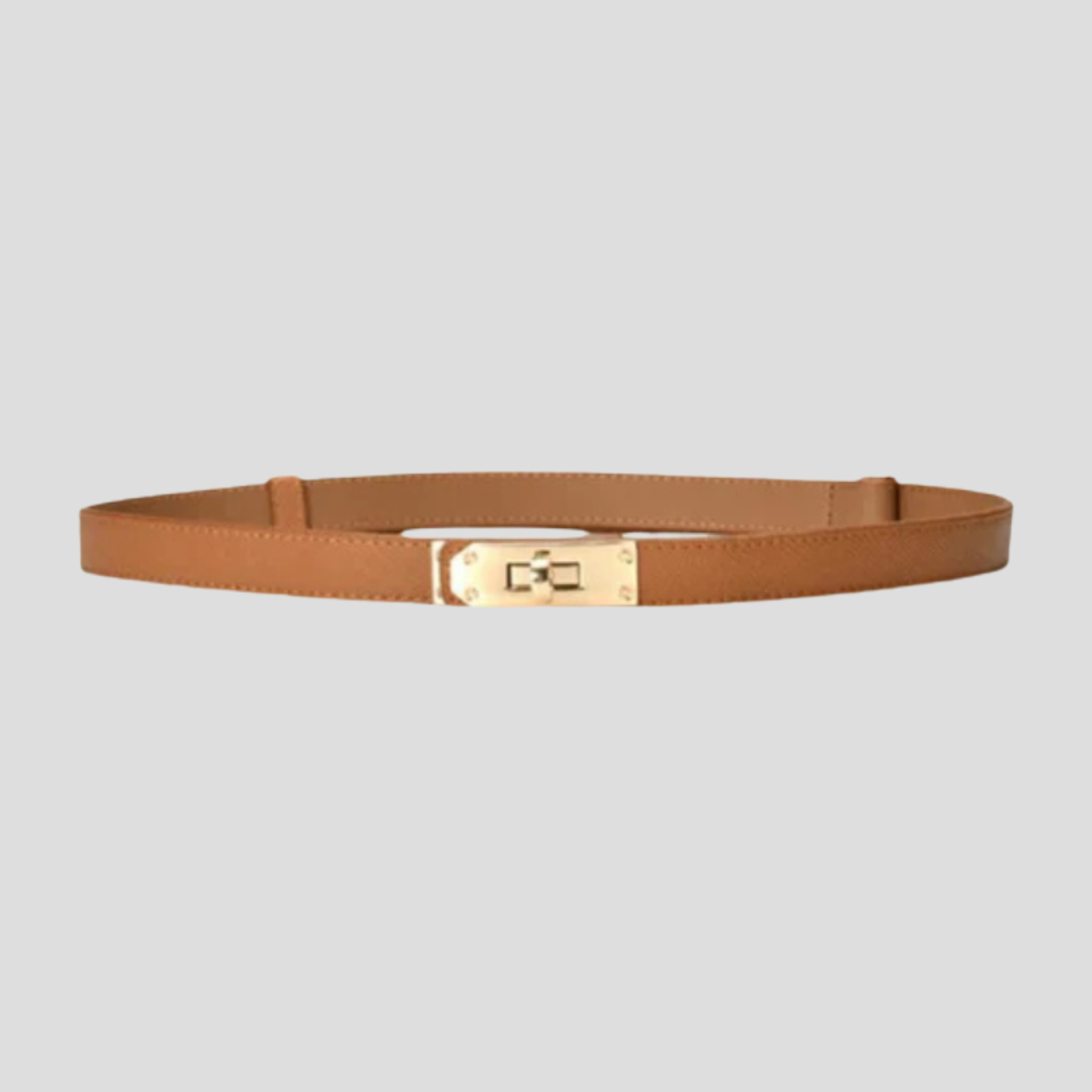 Women's straight-strap belt with a defined buckle, shown in neutral colors