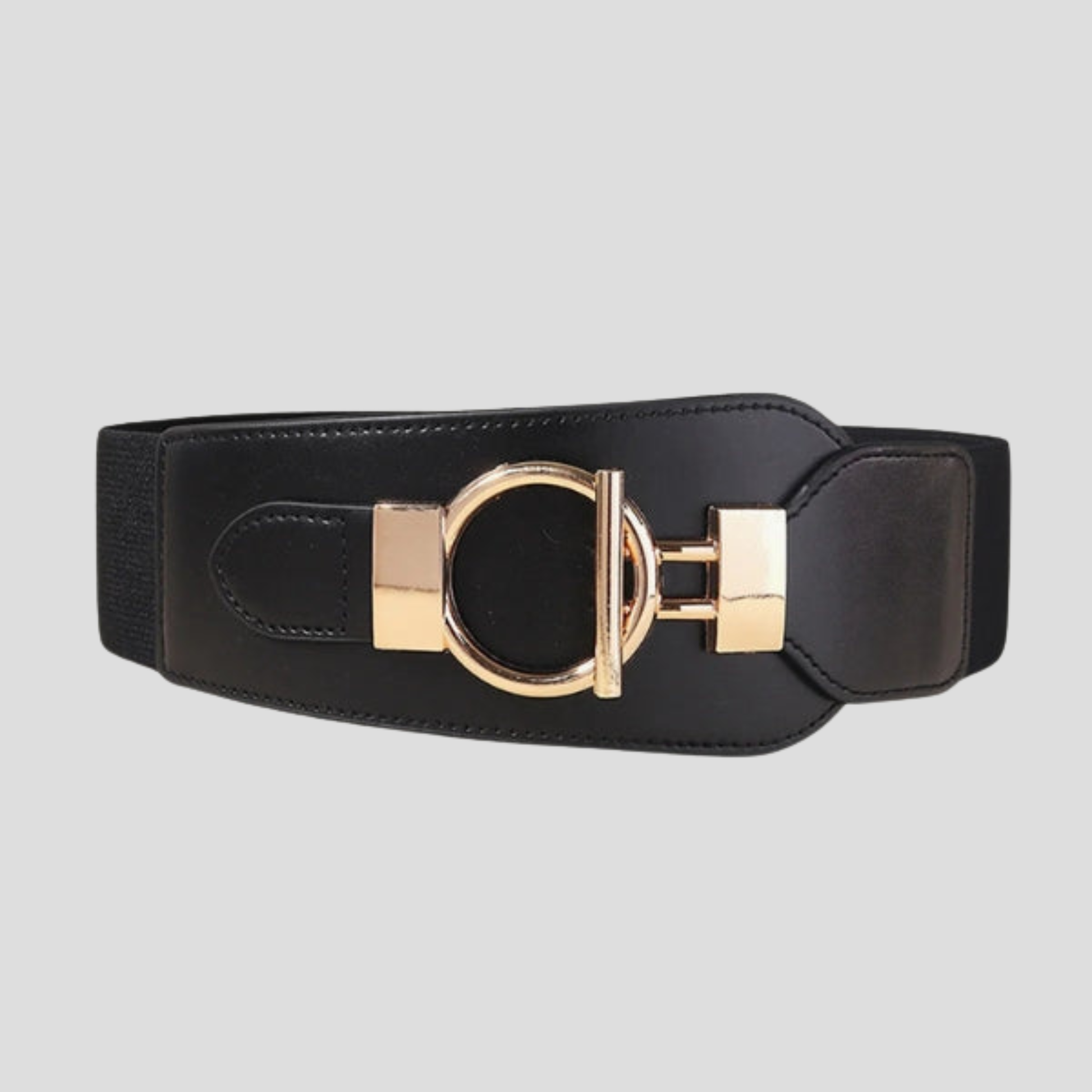 Black women's waist belt with wide front panel and circular buckle