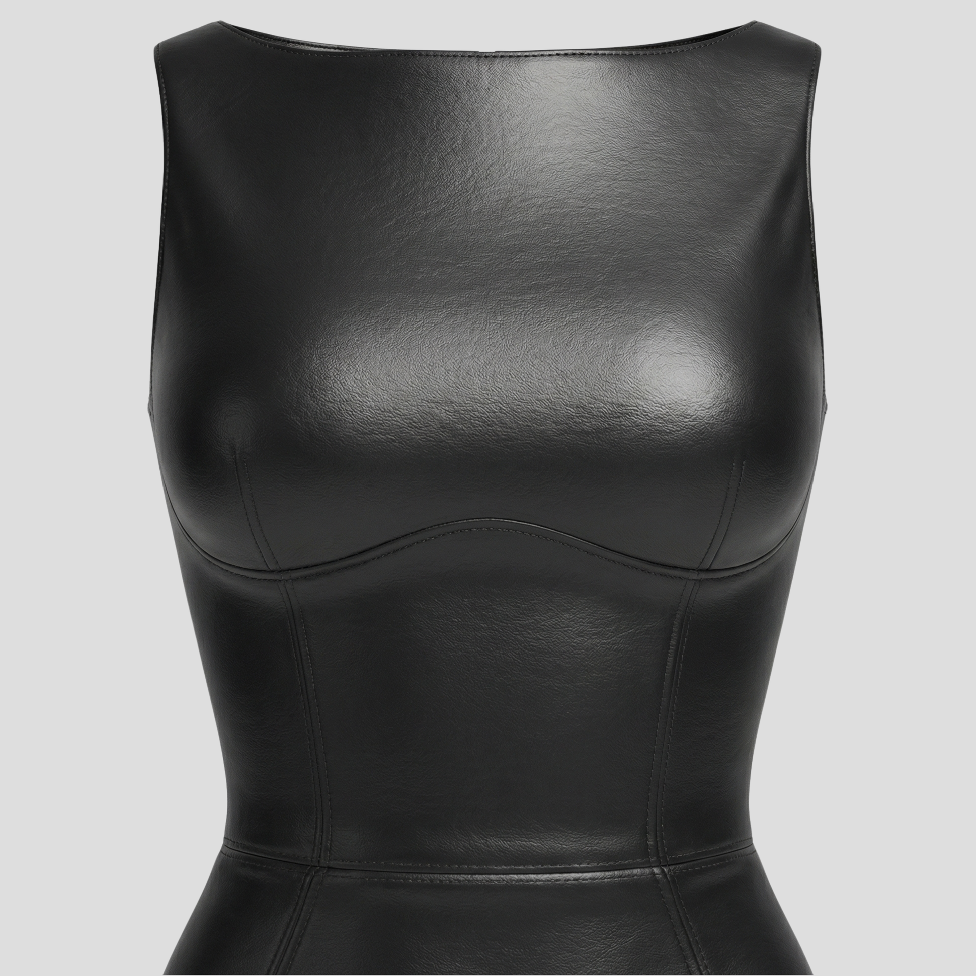 Black sleeveless mini dress with crew neck and panel detailing for evening wear