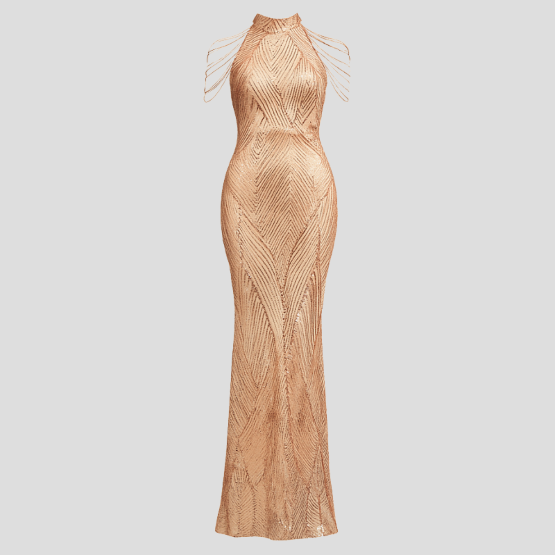 Women's fitted sequin evening gown with halter neckline in gold