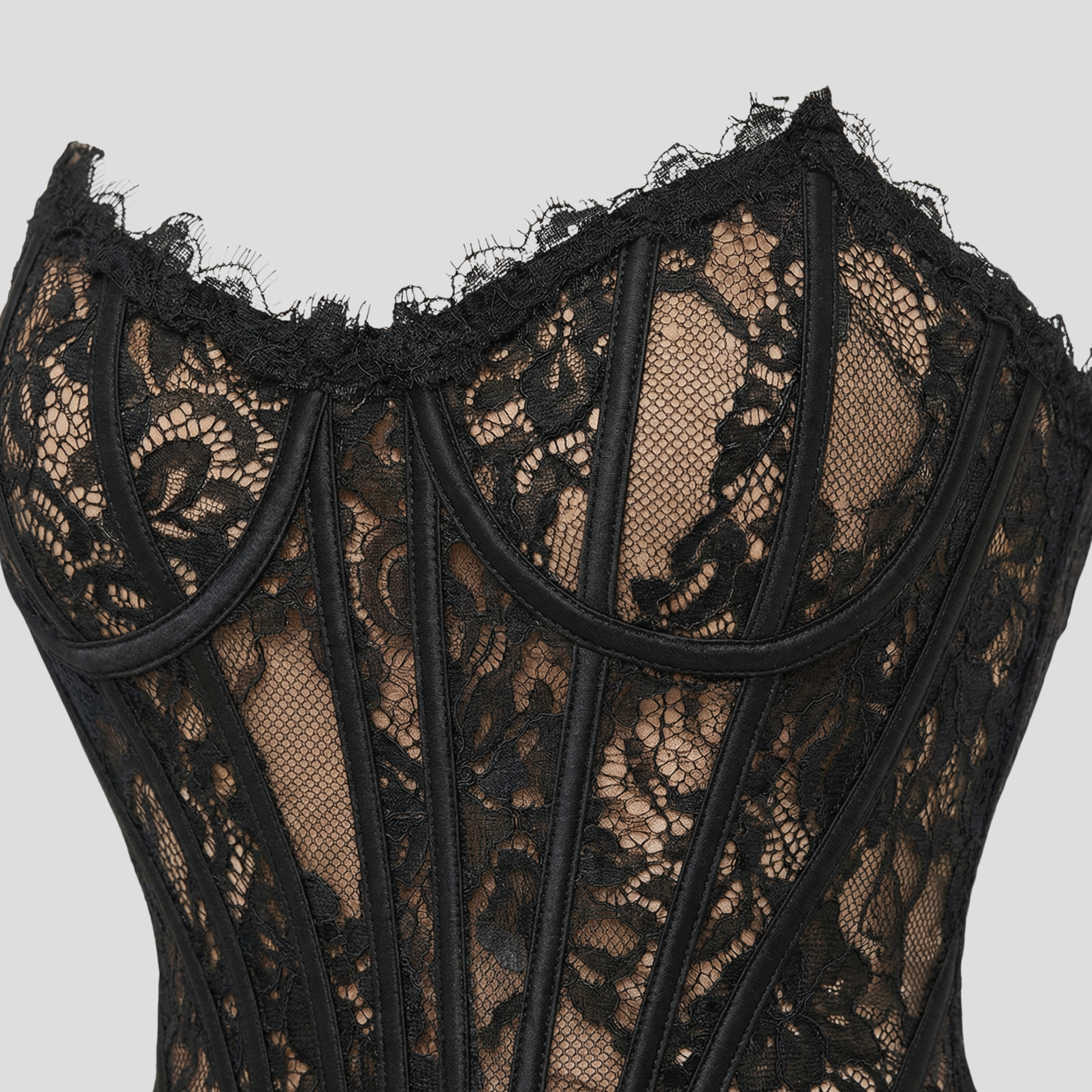 Strapless corset mini dress with boned bodice and asymmetrical lace detail
