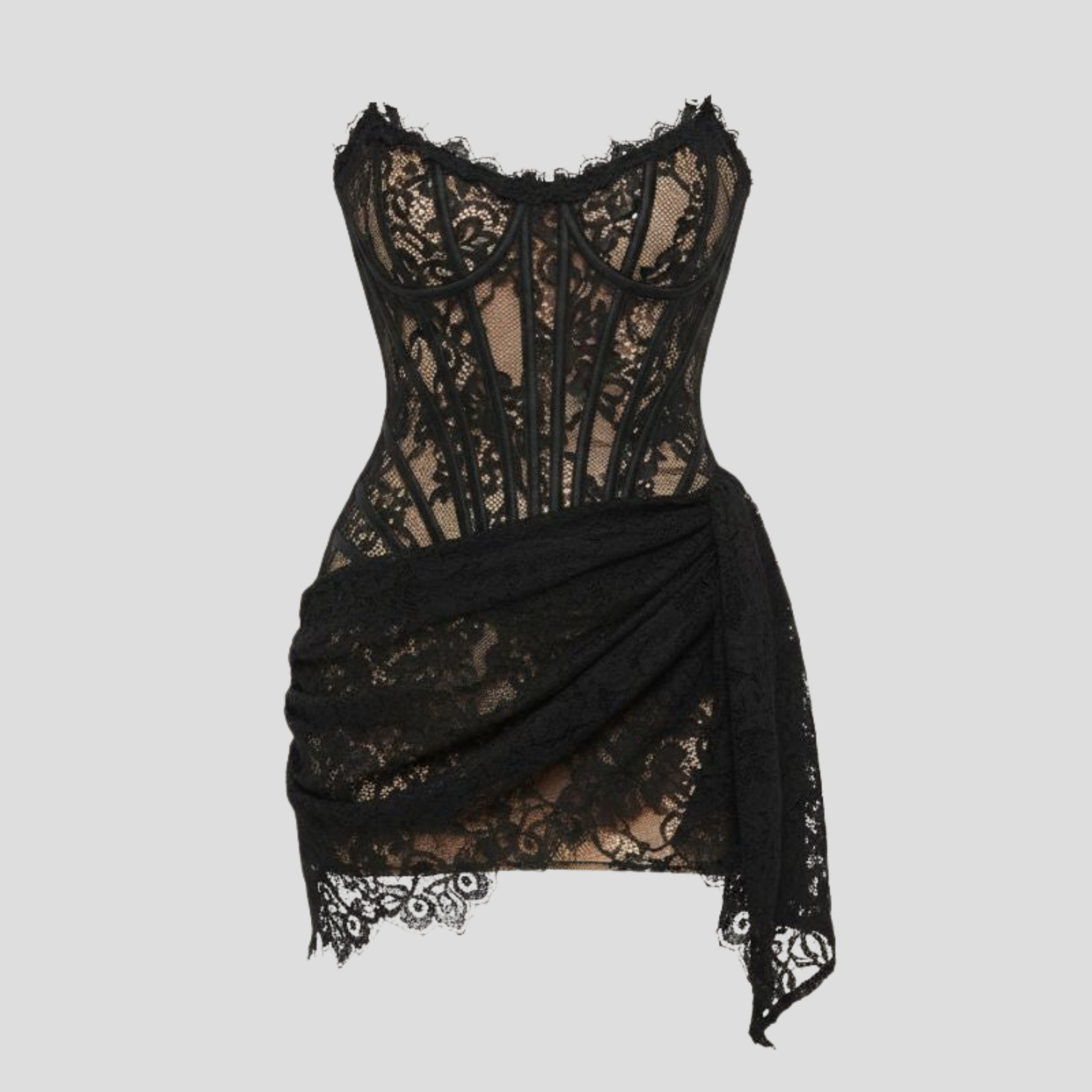Strapless corset mini dress with boned bodice and asymmetrical lace detail
