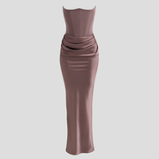 Strapless corset bodice maxi dress with draped waist in a full-length evening silhouette