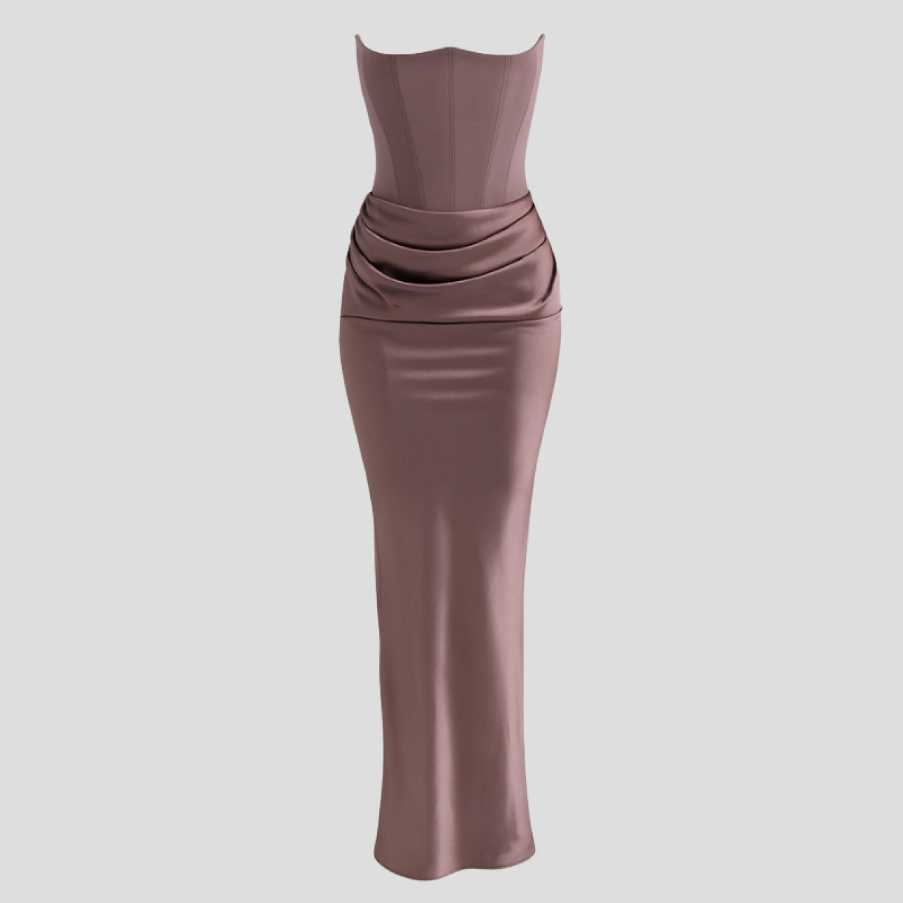 Strapless corset bodice maxi dress with draped waist in a full-length evening silhouette