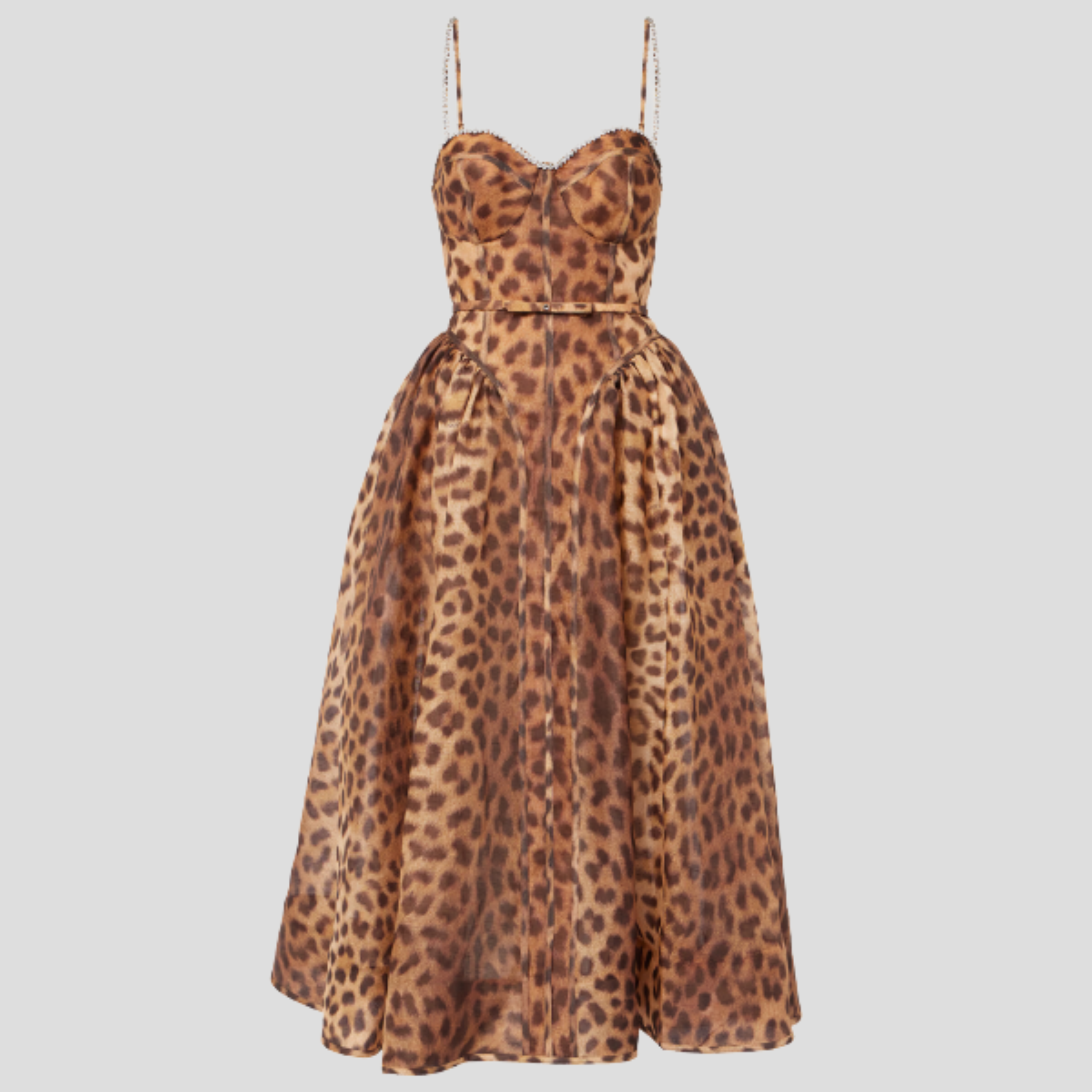Brown midi dress with corset bodice and defined waist for evening wear