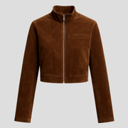 Women's cropped brown jacket with high collar and front zip closure