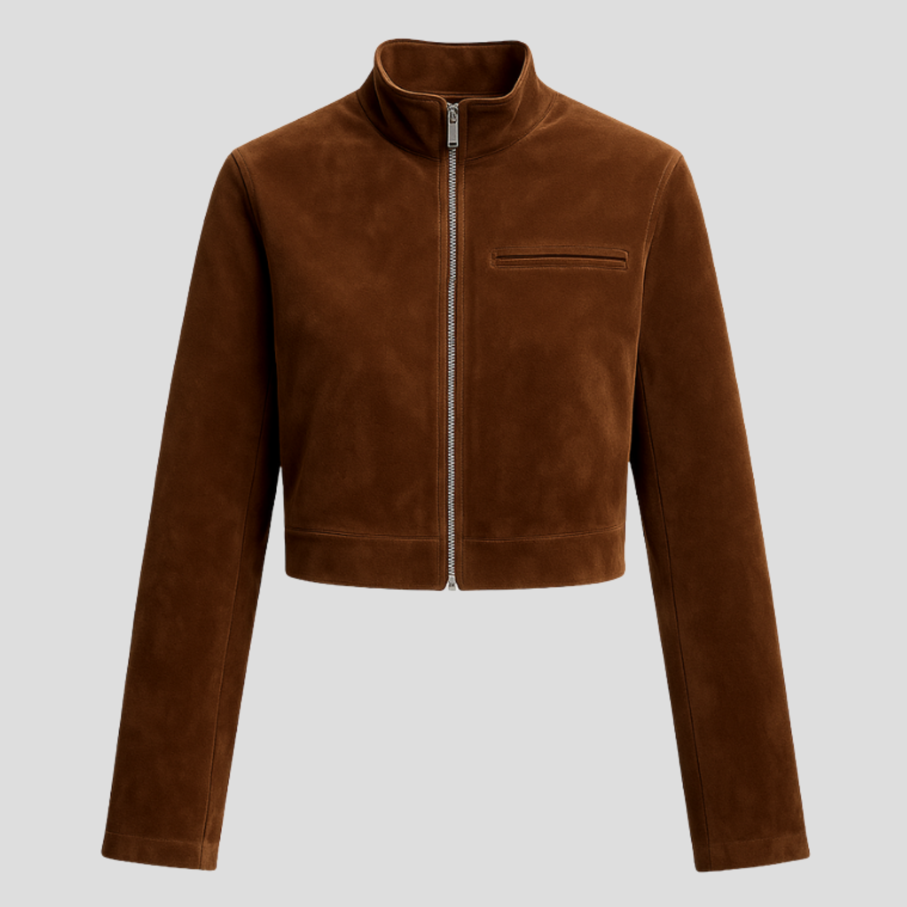 Women's cropped brown jacket with high collar and front zip closure