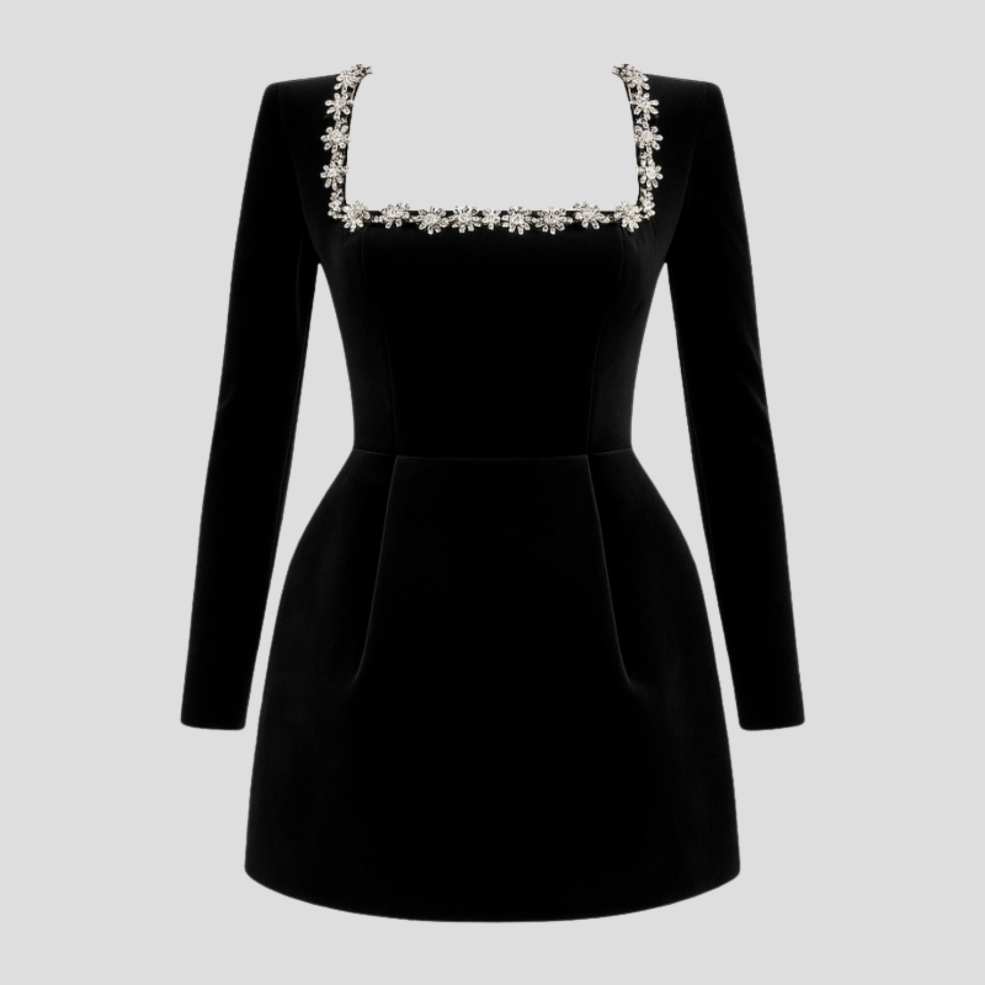Women's structured cocktail dress with square neckline and embellished detailing in black