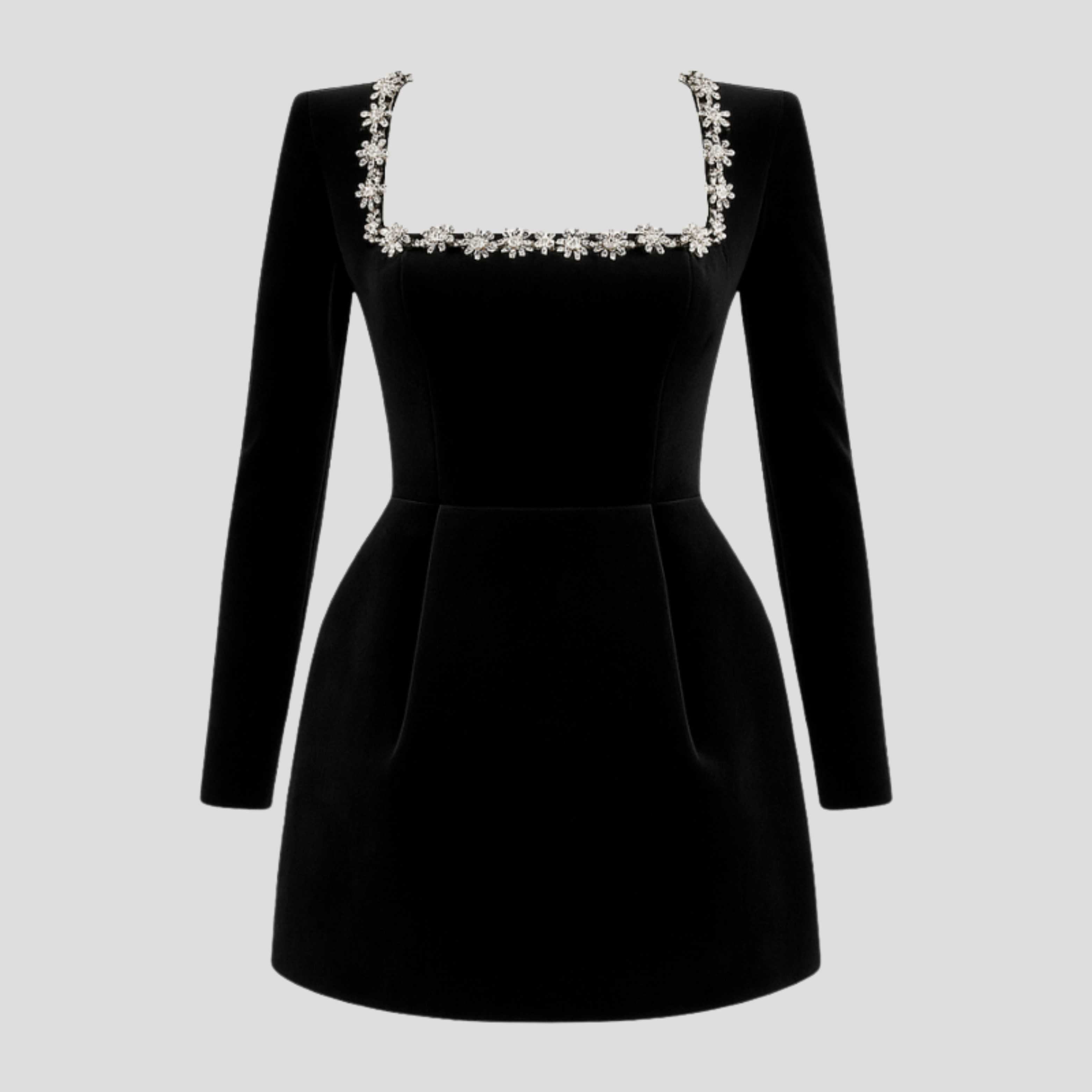 Women's structured cocktail dress with square neckline and embellished detailing in black