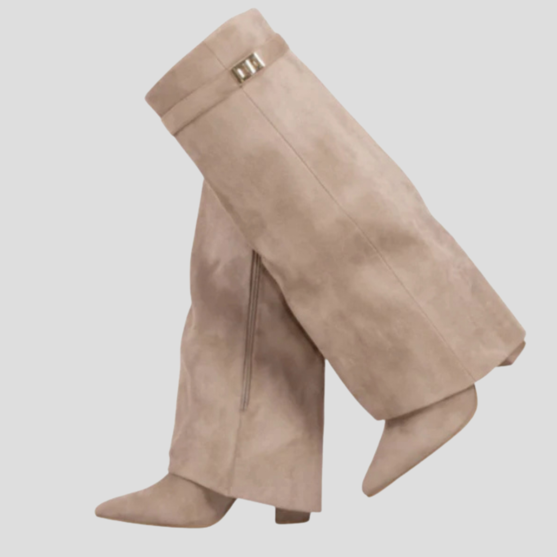 Women's knee-high boots with flared shaft and sculpted silhouette in neutral tones