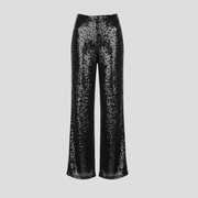 Women's high-waist wide-leg sequin pants in black with shimmering surface detail