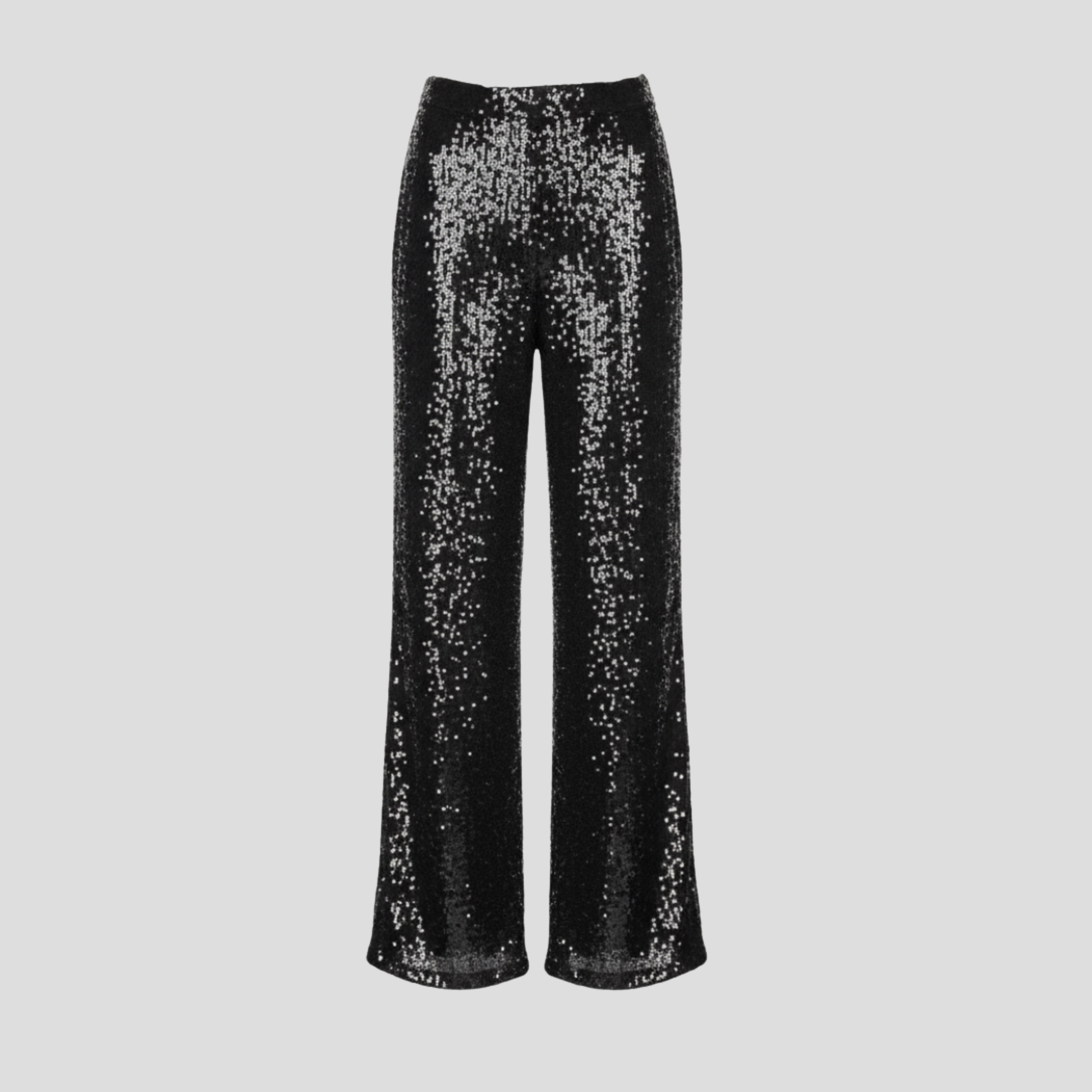 Women's high-waist wide-leg sequin pants in black with shimmering surface detail
