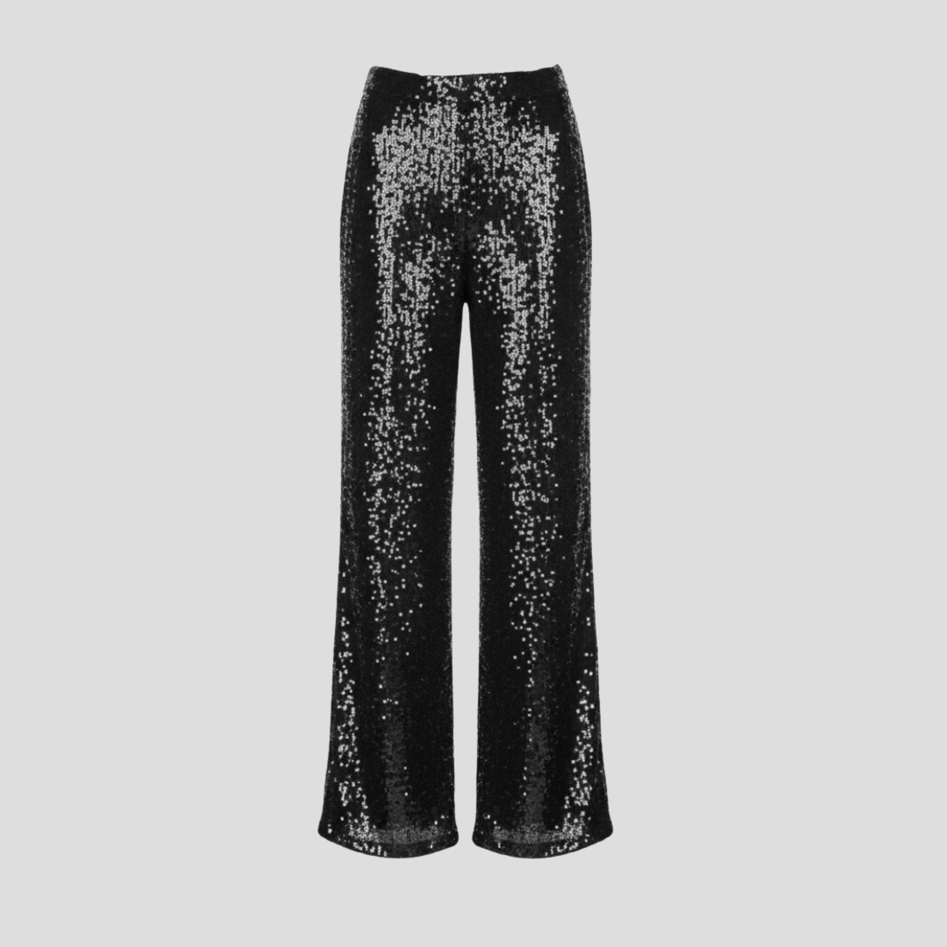 Women's high-waist wide-leg sequin pants in black with shimmering surface detail