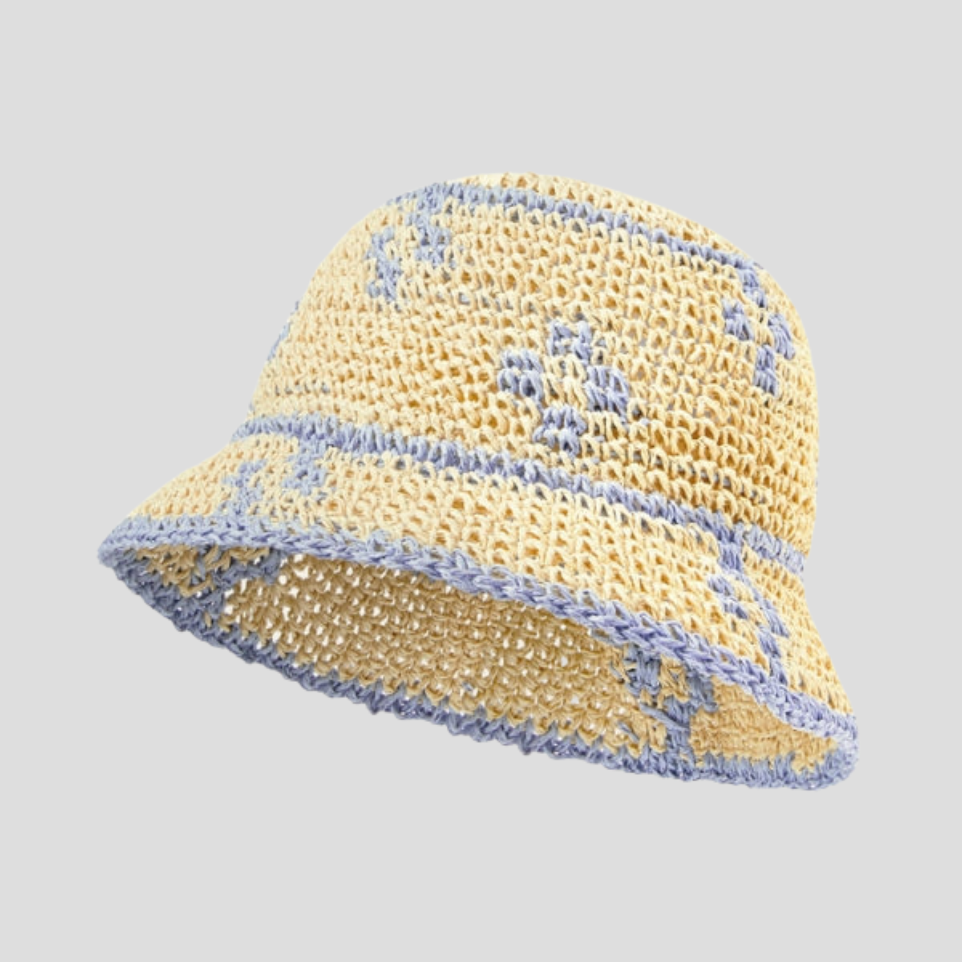 Beige two-tone woven bucket hat with a structured brim for women